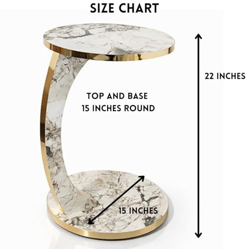 Luxury C Shaped Golden Effect Side Table with Wheels, Premium Faux White Marble