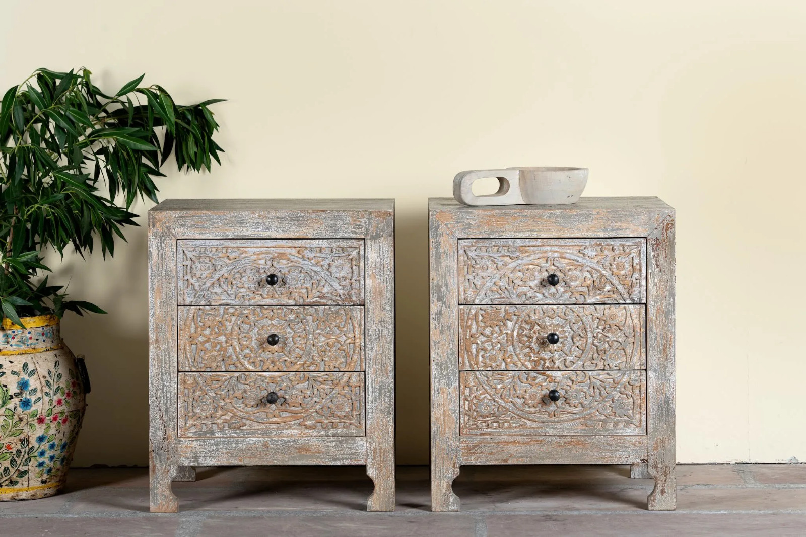 Artisan Handmade Bedside Table Solid Wood Hand Carved 20.1 × 15.7 × 25.2 inches