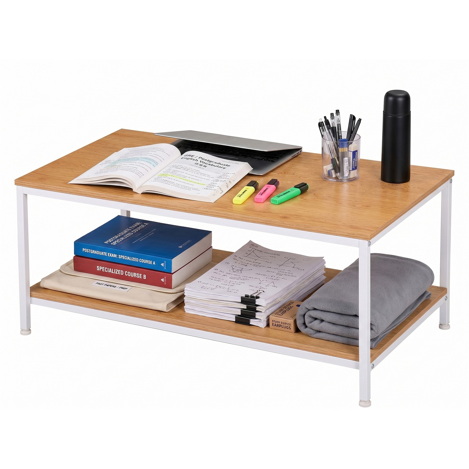 Natural Coffee Table for Living Room Rectangle 2-Tier Coffee Tables with Storage