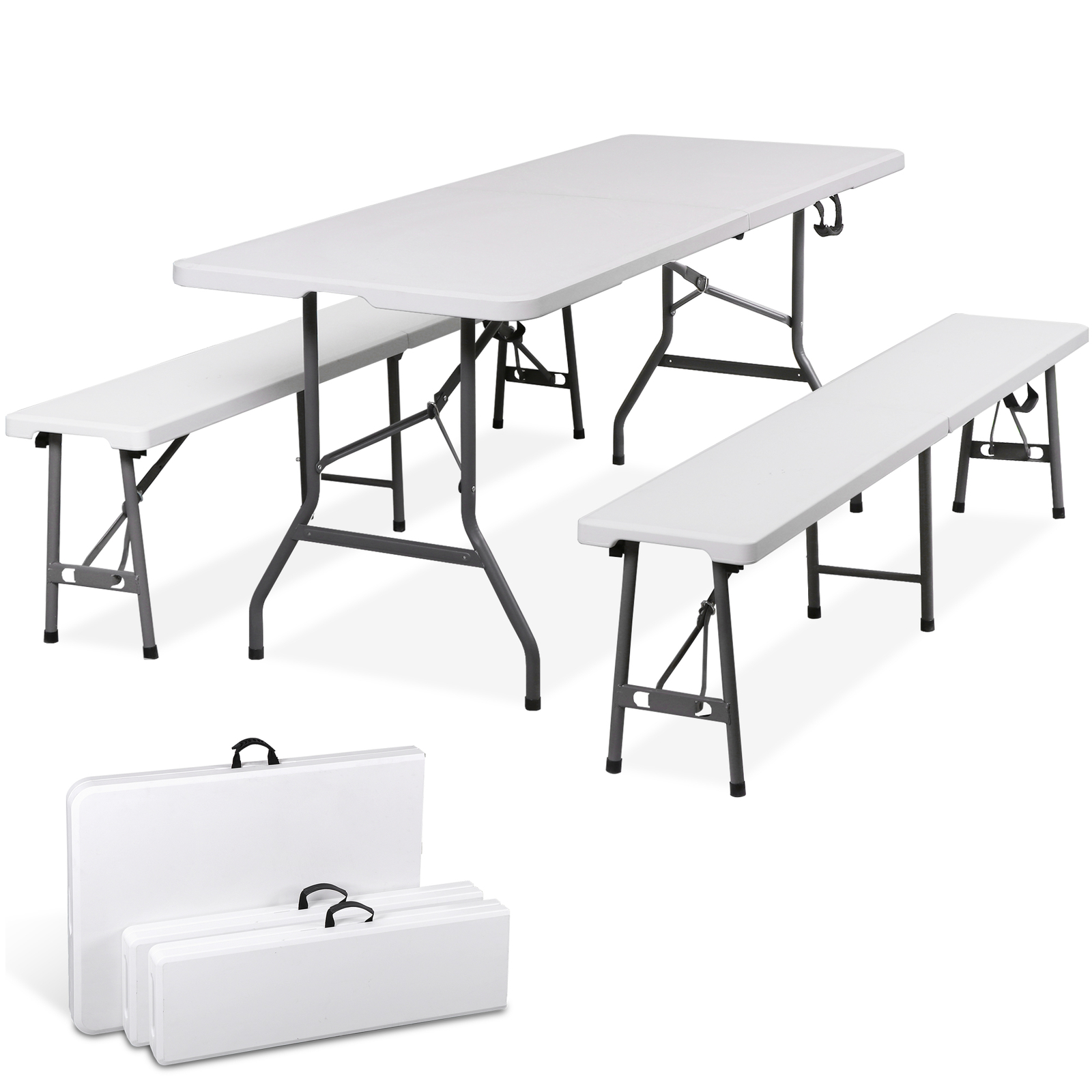 Folding Table Set w/2 Benches 6FT Camping Picnic Table Set Outdoor Indoor White