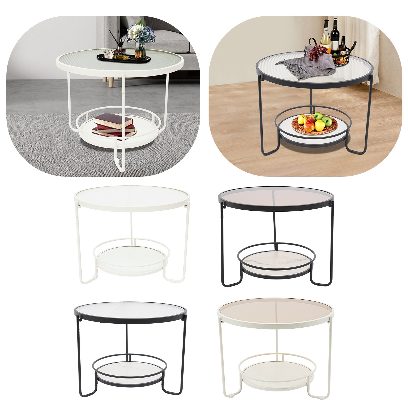 Modern Round 2-Tier Side Table – Black/White& Teal/Clear, Tempered Glass 60/40cm