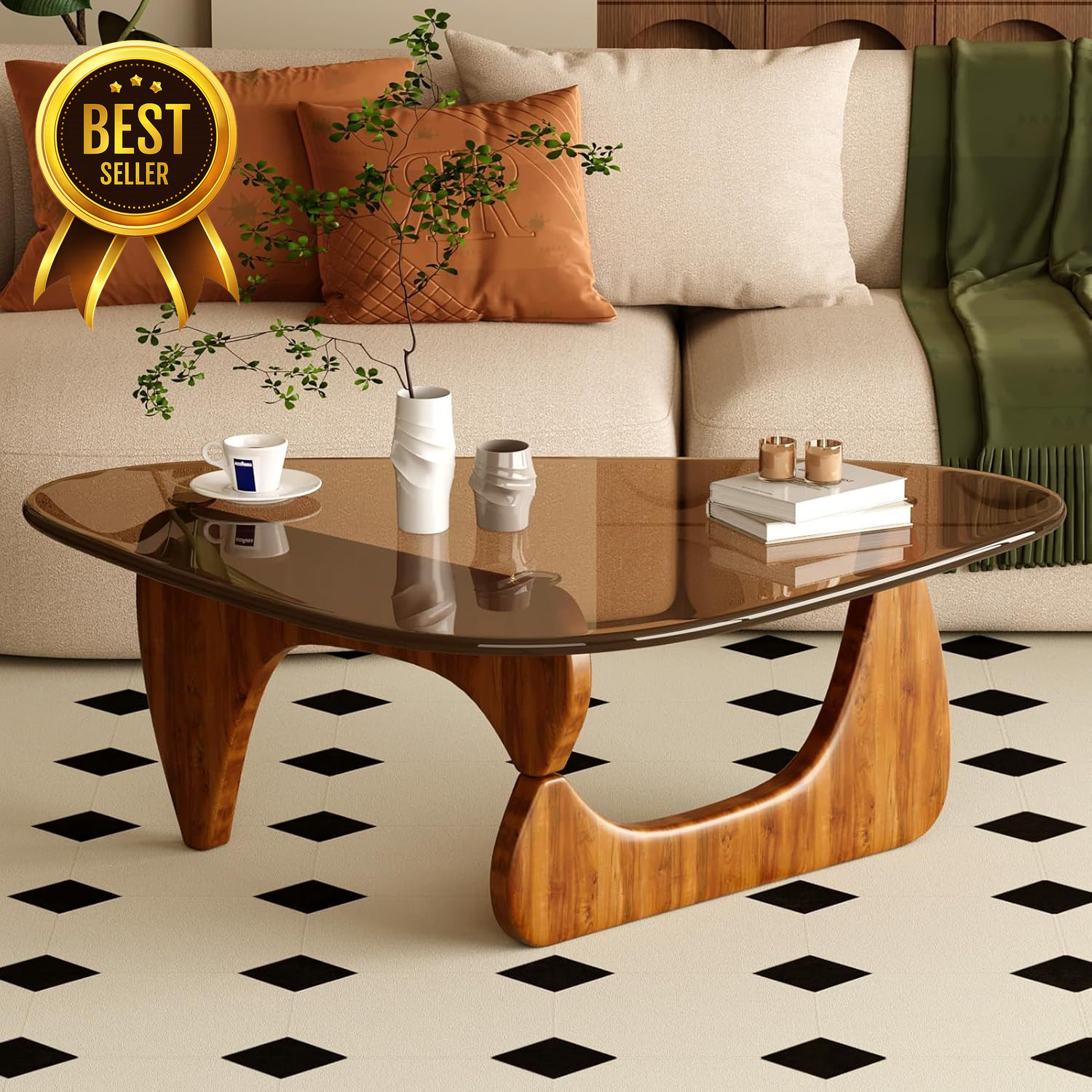 32″ Mid Century Modern Coffee Table Glass Top Wood Center Table Walnut Brown