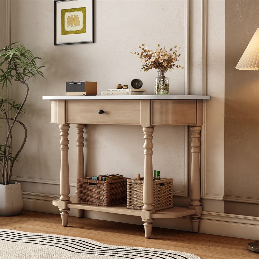 Beige+White Retro Narrow Console Table with Curved Corner Drawer and Open Shelf