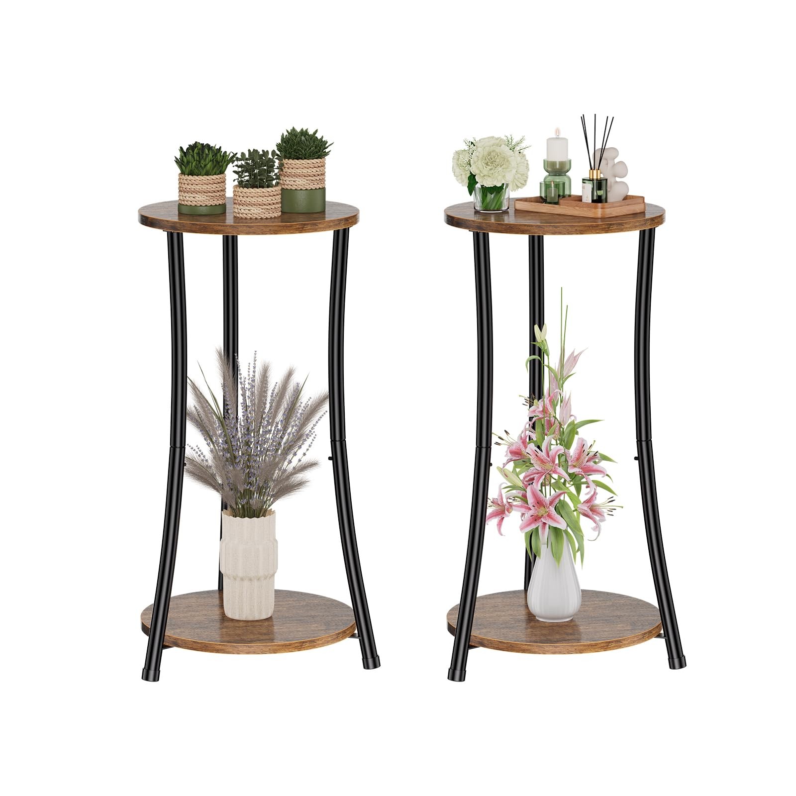 2 PCS Rustic Brown Round Side 2 Tier End Table Slim Sofa Storage Shelf Set