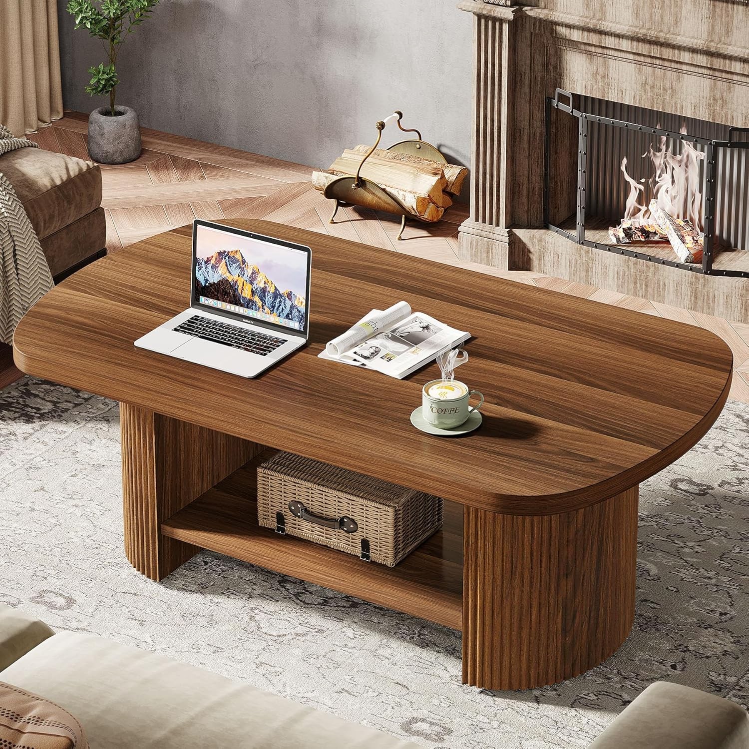 115CM Wood Oval Coffee Table, Mid-Century 2-Tier Coffee Table with Storage Shelf