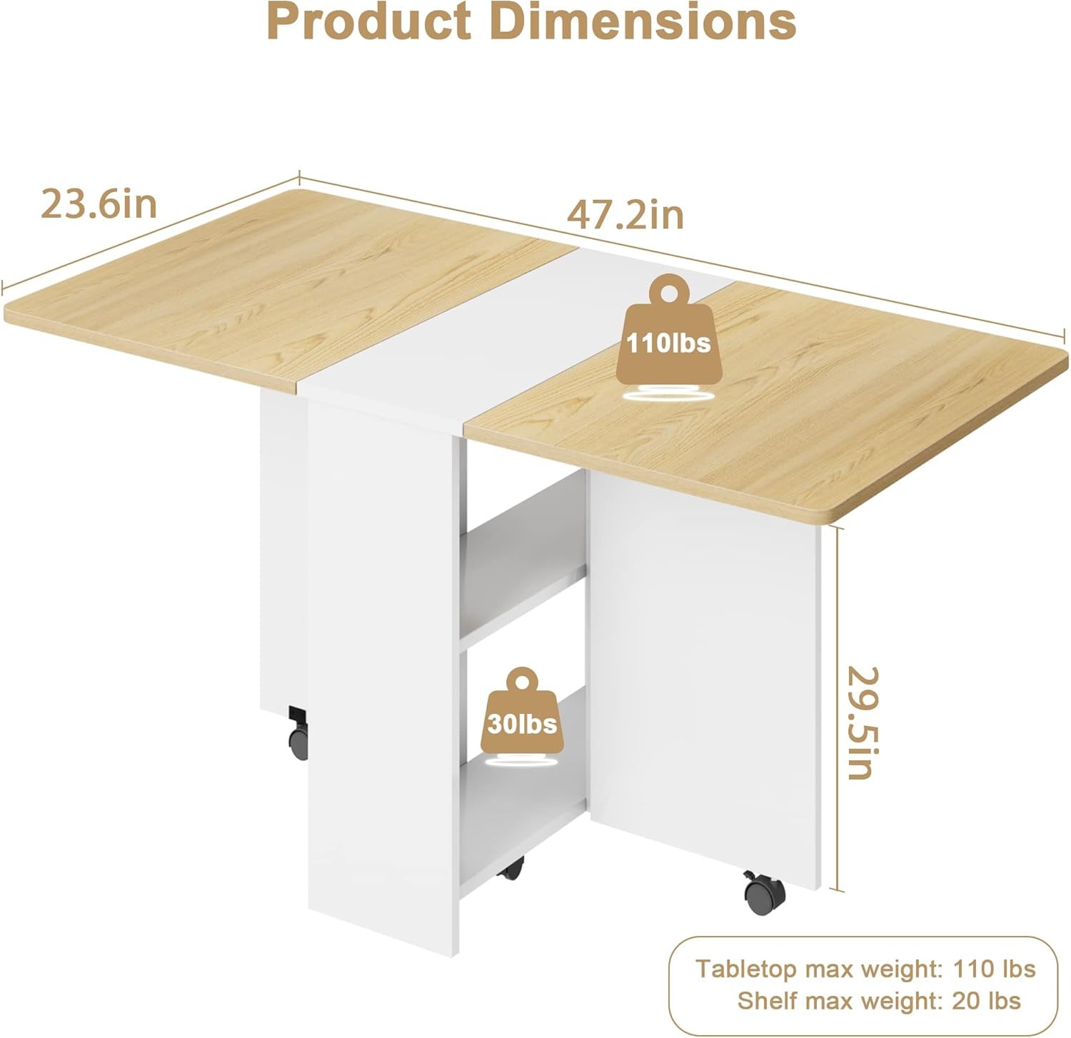 Folding Dining Table with 6 Wheels Storage Racks for Small Kitchen Saving Space