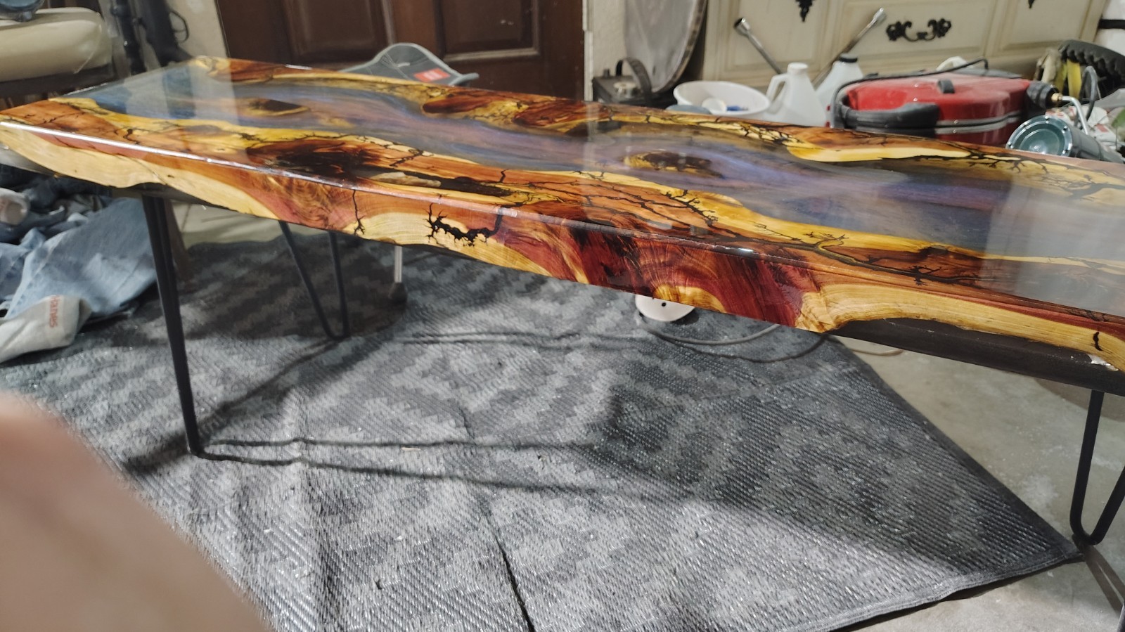 Red Cedar Epoxy Translucent River Table With Electricity Fracked Accents