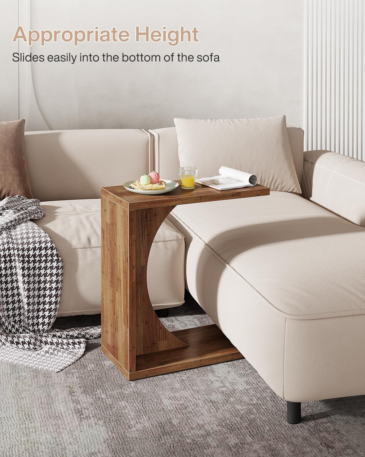 C-Shaped End Table, Wooden Sofa Side Table for Small Space, Living Room, Bedroom