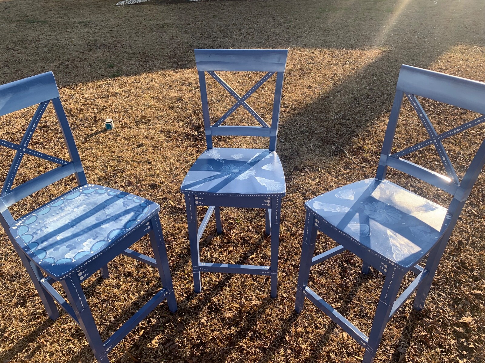 Handpainted Spring Blue Chairs (Set of 3) NEW