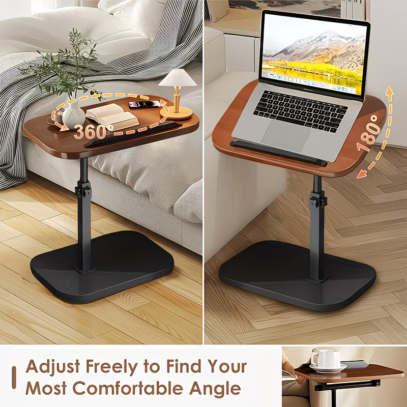 Walnut C-Shaped Sofa Side Table Adjustable Laptop Desk & Snack Tray for Bed/Couc
