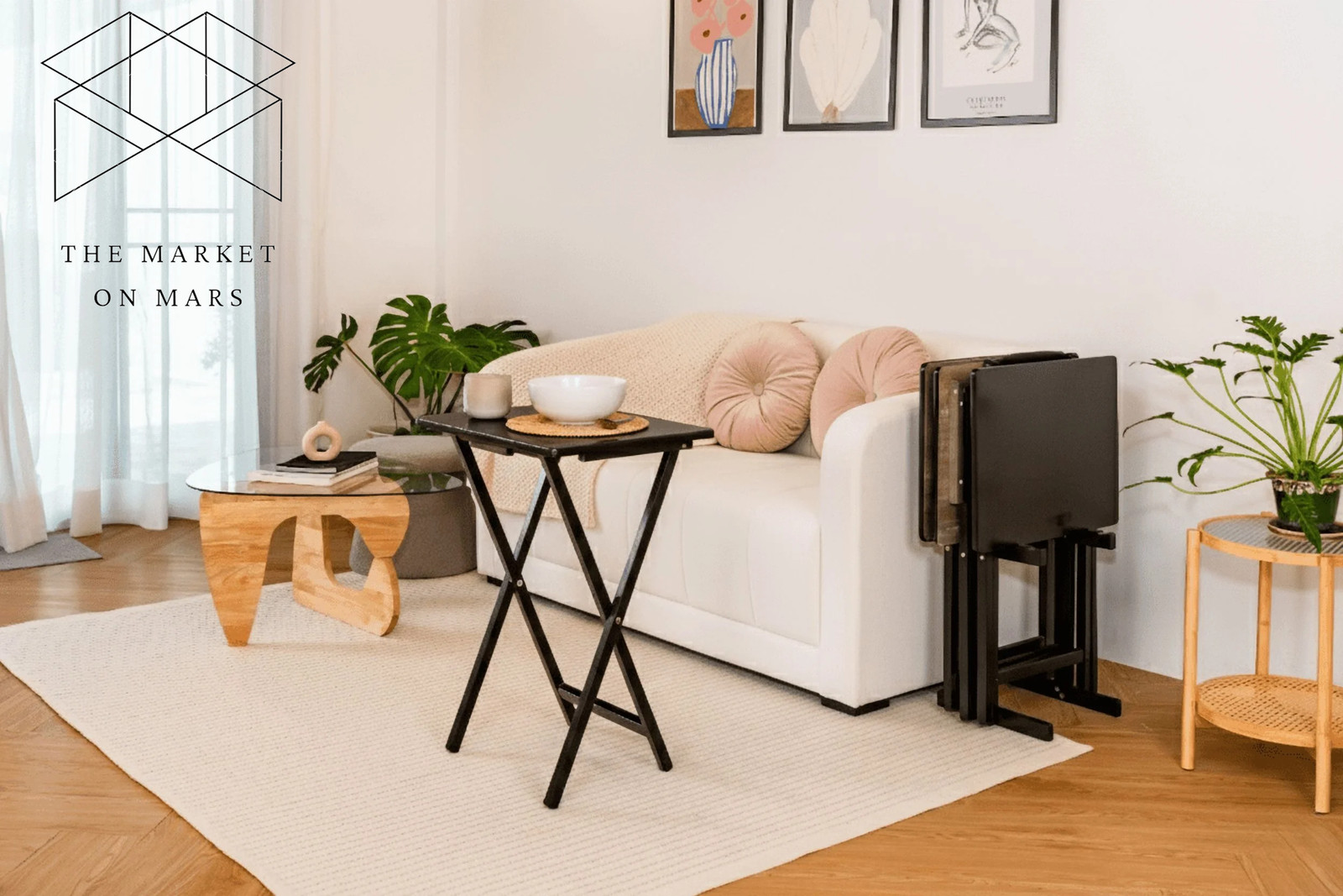 4-Piece Black Rubberwood Indoor Folding TV Tray Table Set with Storage Rack 💪