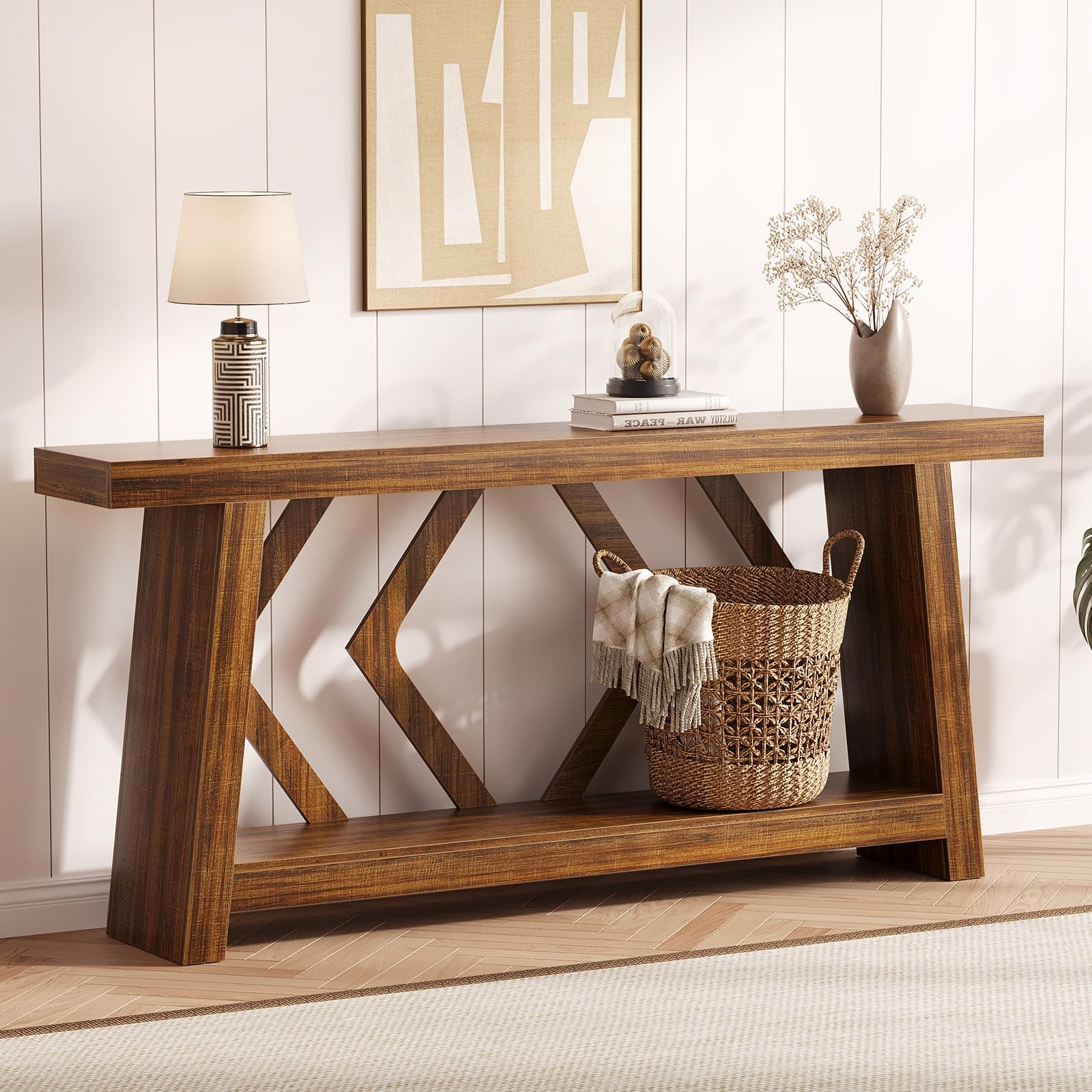 70.9 Inch All-Wood Console Table, Extra Long Sofa Table Behind Couch 2-Tier New