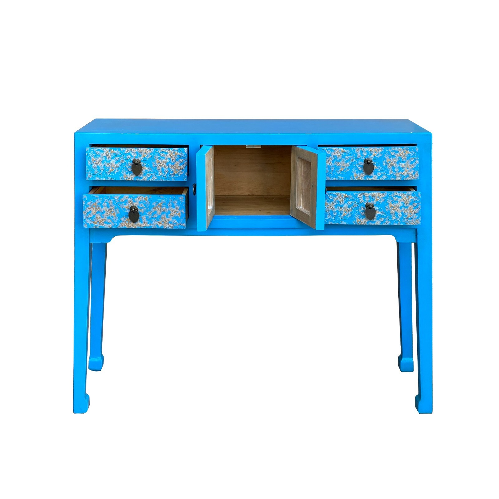 Bright Blue Lacquer Golden Flower Graphic Drawers Slim Foyer Side Table cs7146