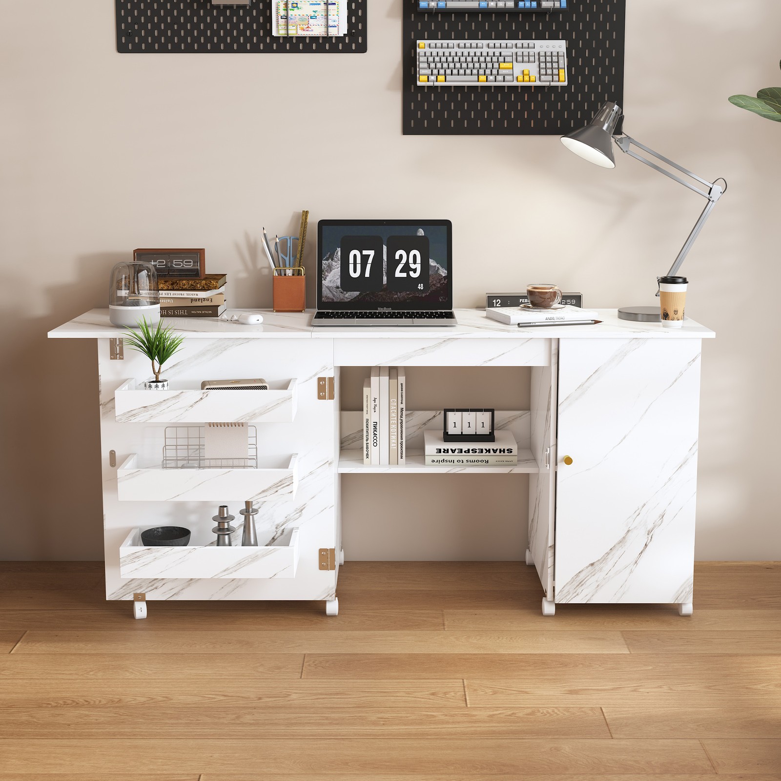 Foldable Sewing Machine Table with Locking Casters 57.5 in White