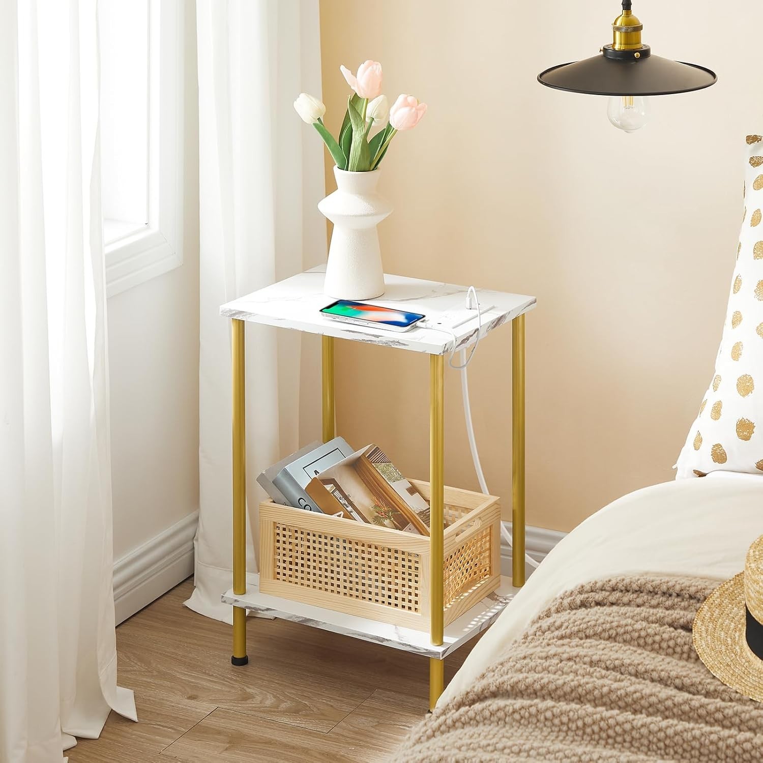 Modern 2-Layer Side Table with Gold Finish and Built-in Charging for Any Room