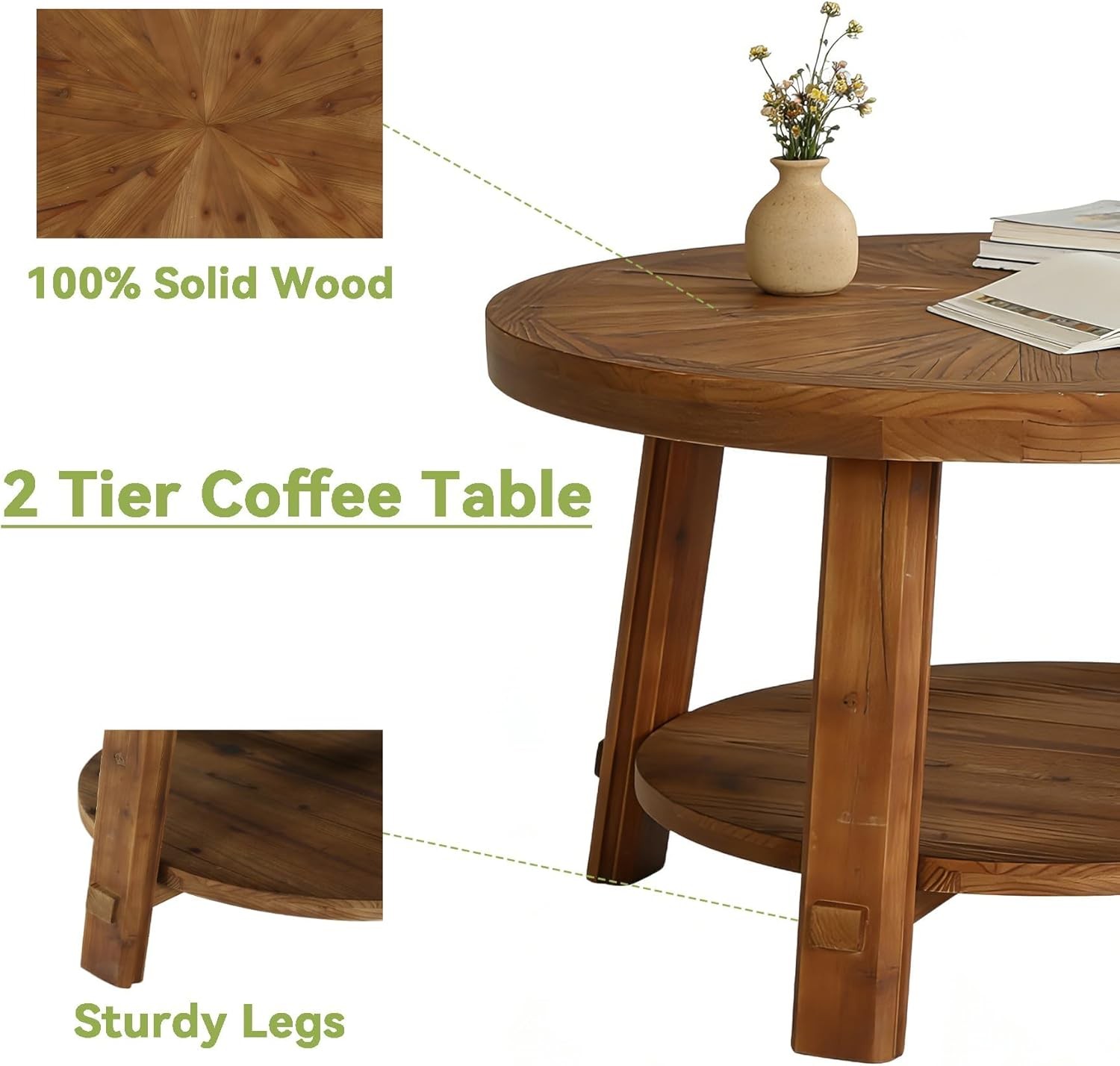 Solid Wood Round Coffee Table, 2-Tier Farmhouse Center Table for Living Room