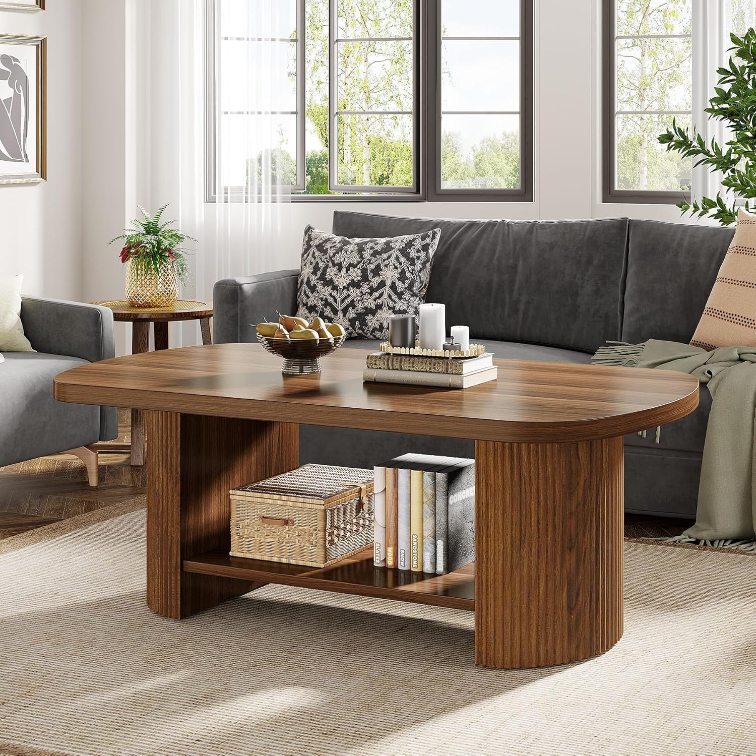 115CM Wood Oval Coffee Table, Mid-Century 2-Tier Coffee Table with Storage Shelf