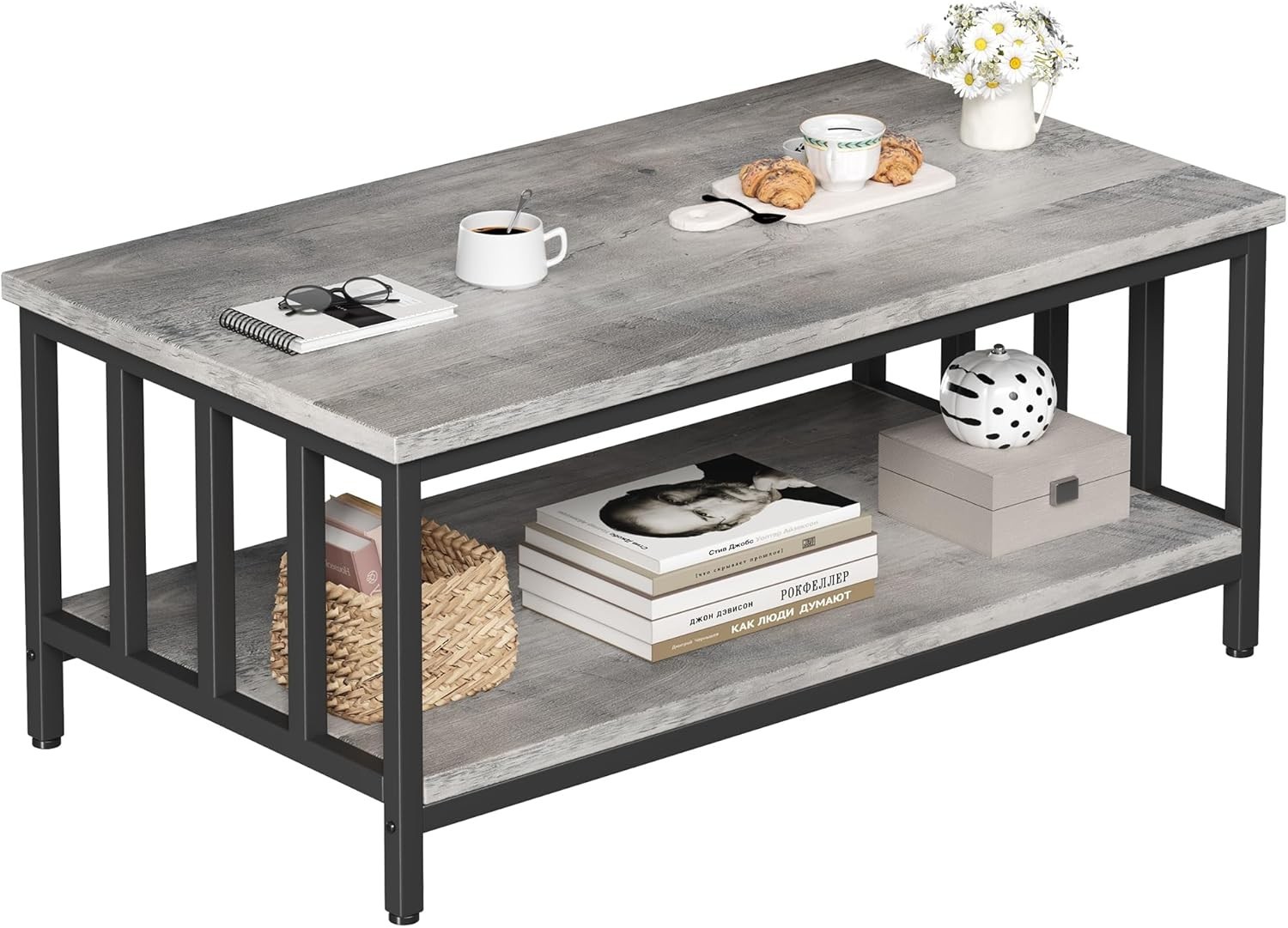 Homeiju Coffee Table 39in Modern Farmhouse Grey Wash 2 Tier Storage Shelf