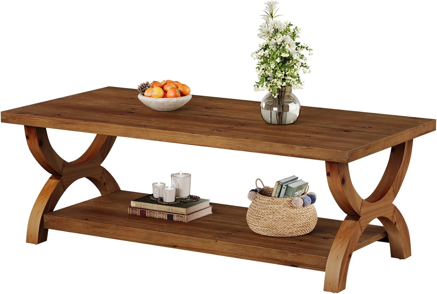 47.2-Inch Rectangle Solid Wood Coffee Table with Storage Shelf for Living Room
