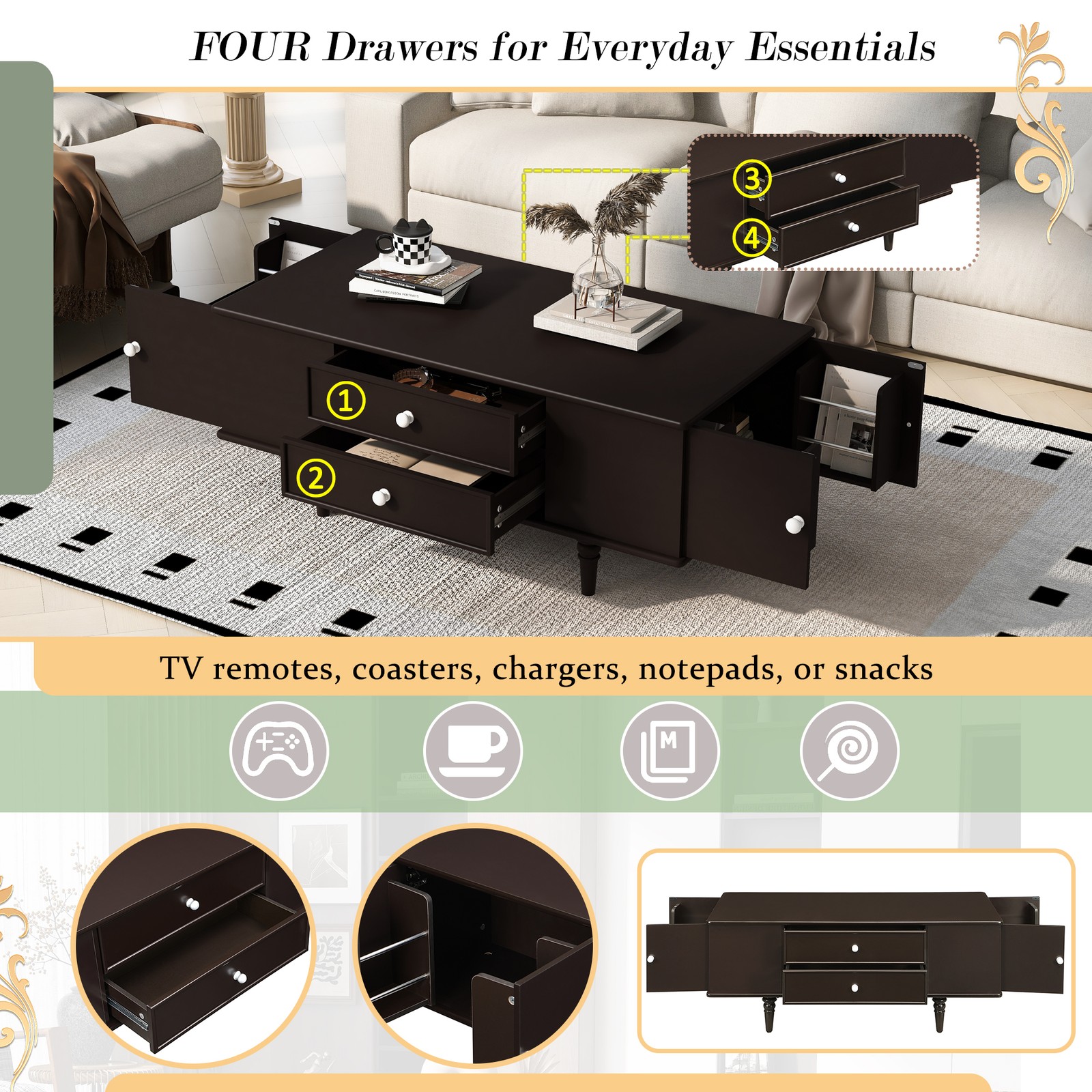 A rectangular coffee table with four drawers and two hidden storage compartments