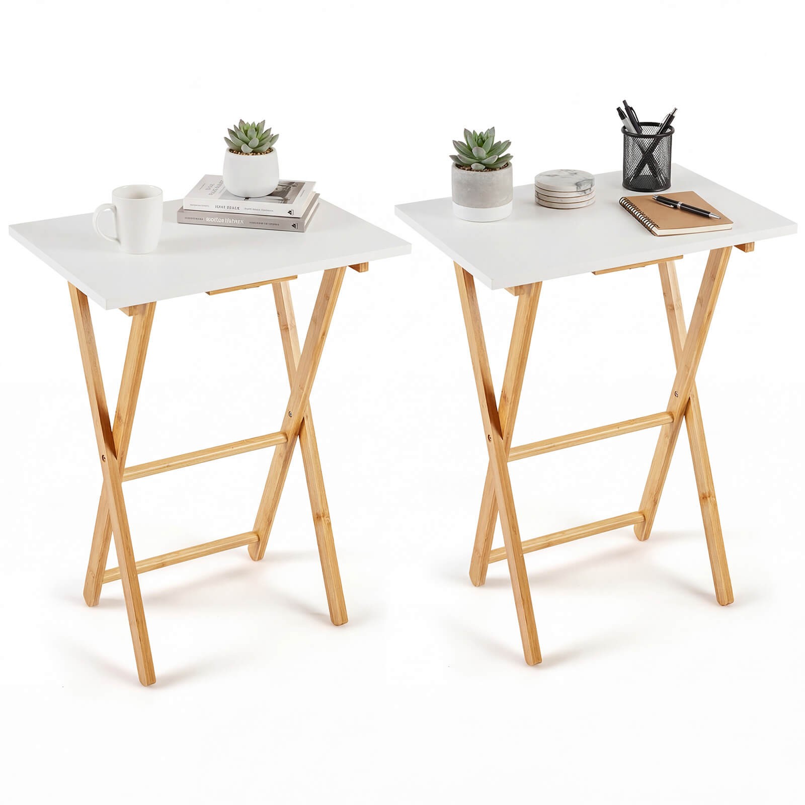 Folding TV Tray Tables Set of 2, Bamboo Snack Table for Small Spaces Bedroom