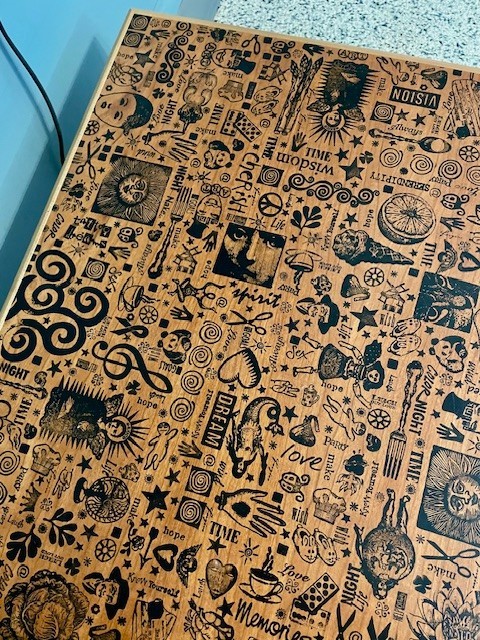 OOAK Handmade Hand-stamped TATTOO ART Wood COFFEE TABLE by PATRICIA & JON HECKER