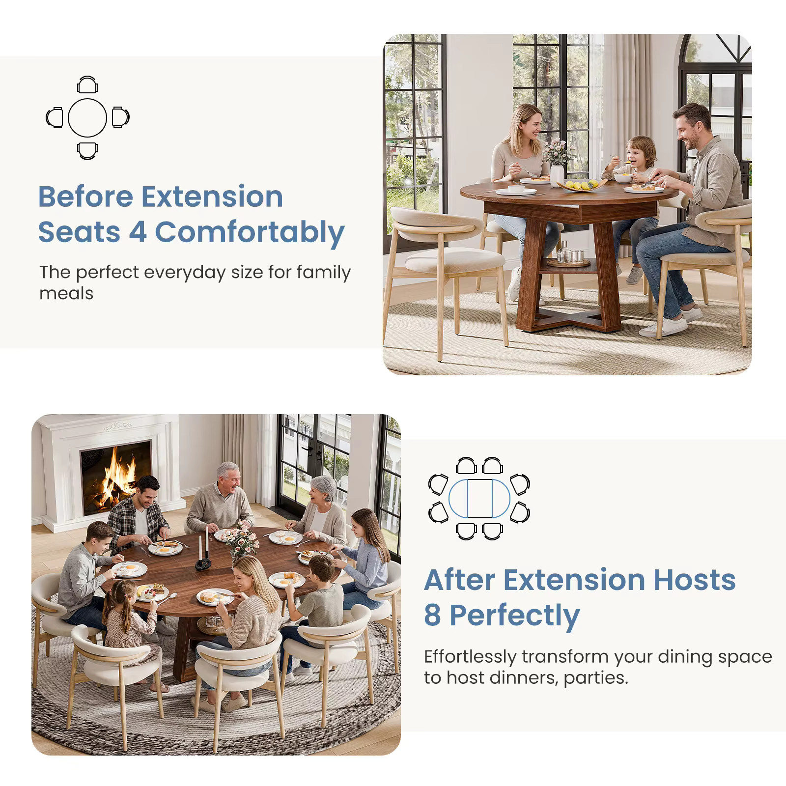 Extendable Wood Round Dining Table Oval Kitchen Storage Shelf Pedestal Base