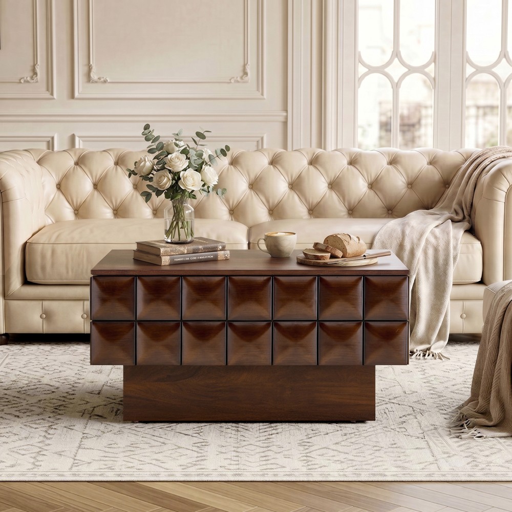 32.7″ Square Walnut Coffee Table – 3D Cube-Textured Wrap, Ash Veneer Top