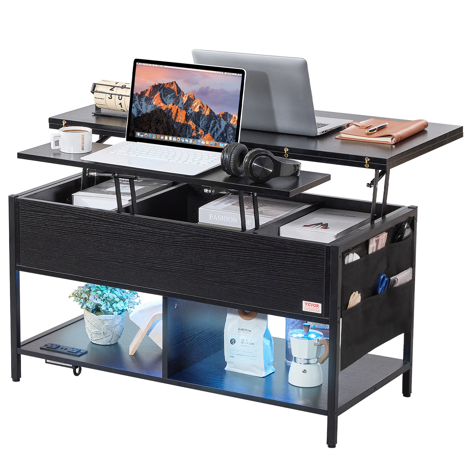 VEVOR Lift Top Coffee Table 39.4″ Rectangle Coffee Table with Light & USB Black