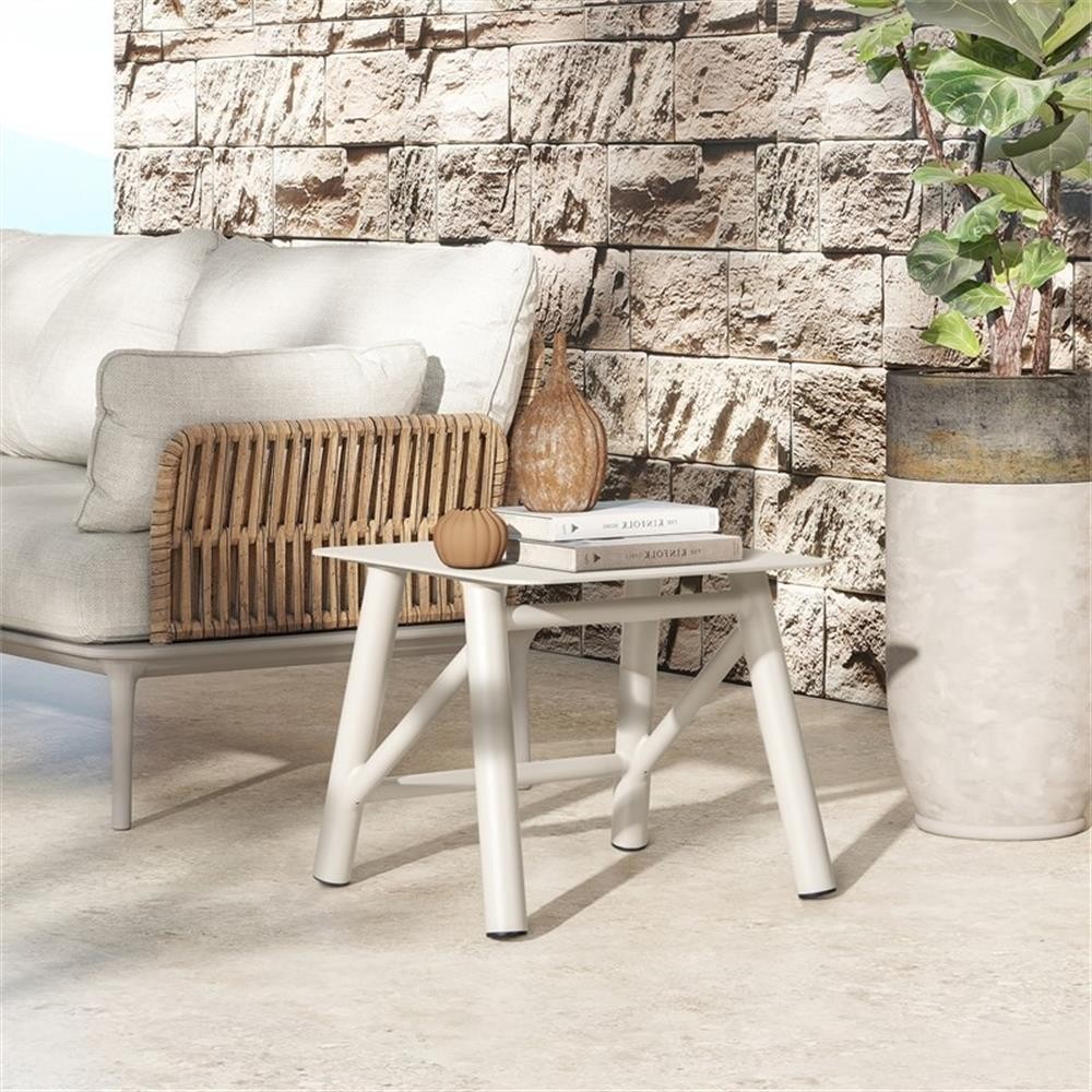 Pemberly Row 19.5″ Square Outdoor Patio Side Table in Light Beige Gray