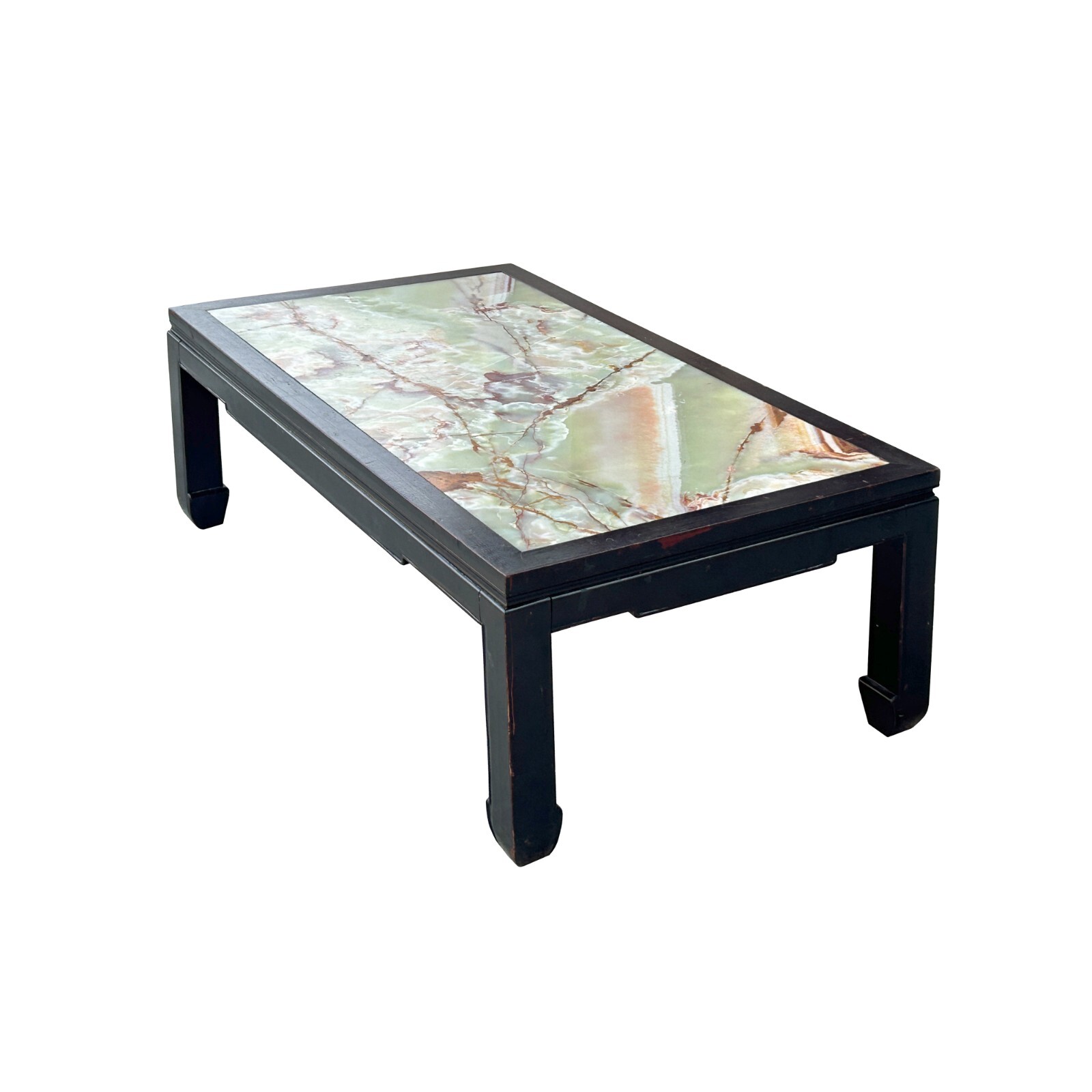 Vintage Brown Fabric Lacquer Rectangular Marble Stone Top Coffee Table cs7826