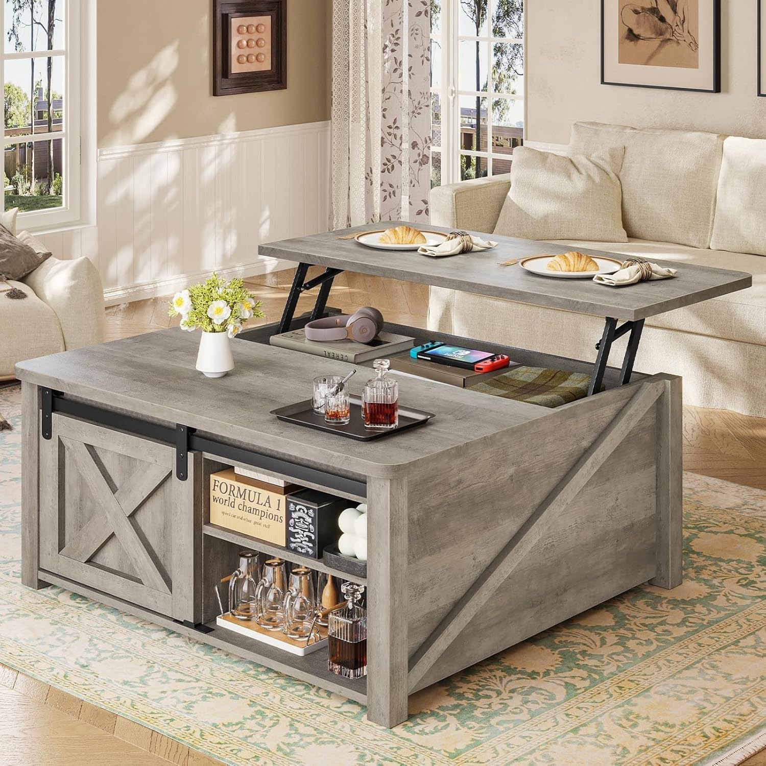 31.5″ Lift Top Coffee Table with Storage, Farmhouse Square Coffee Table