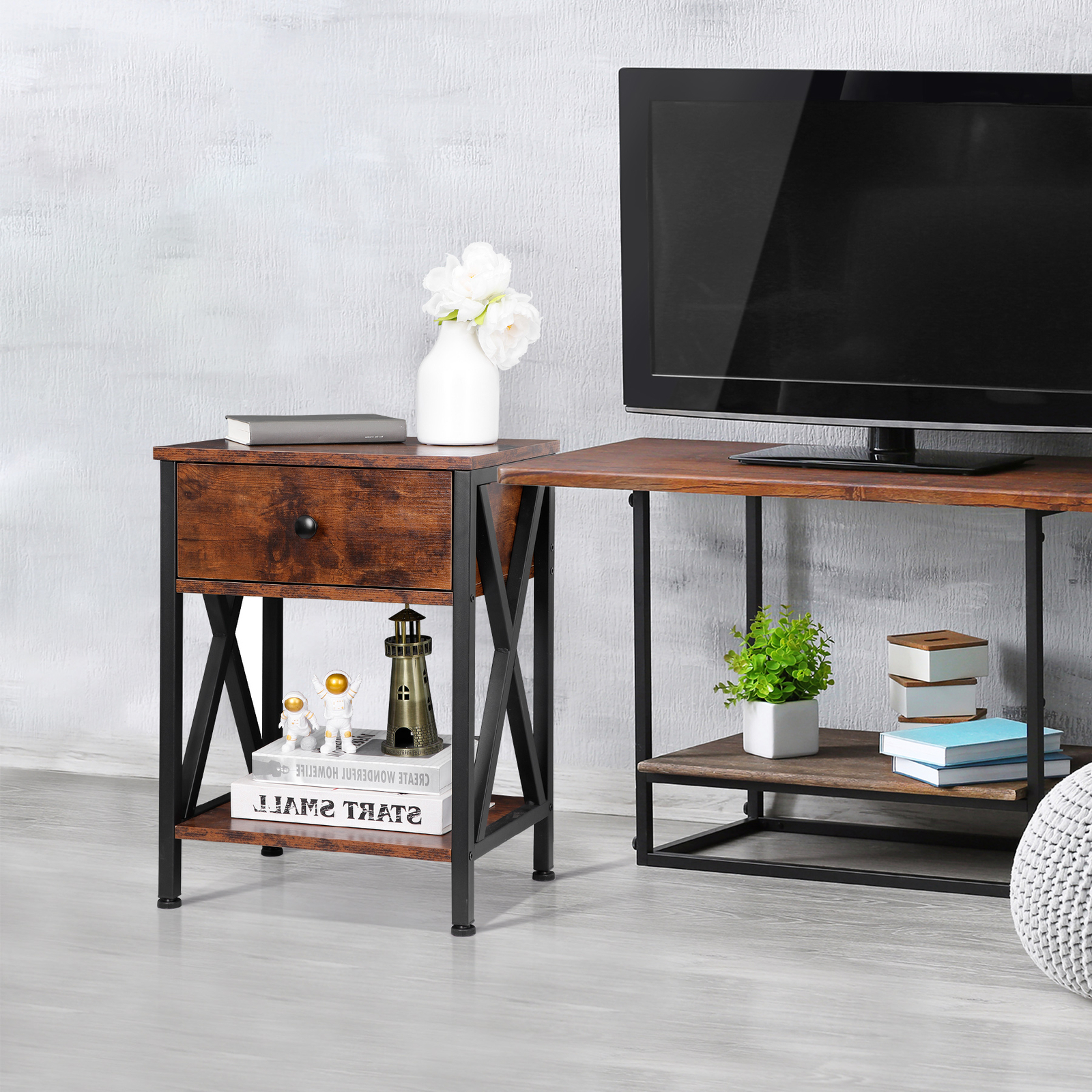 2 Pieces Home End Table Storage Display Metal Frame MDF Top with Drawer, Brown