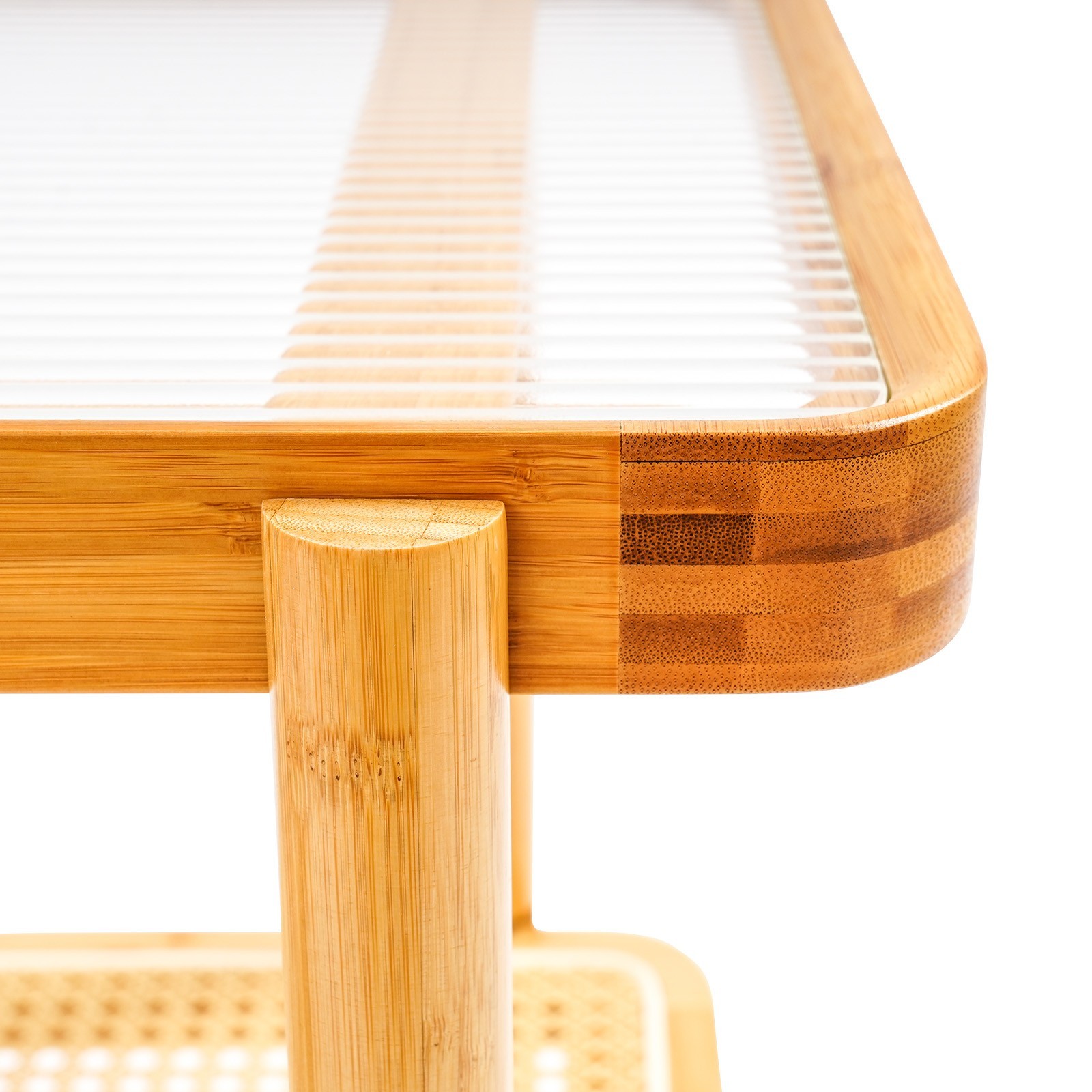 Tempered Glass, Resin, Bamboo Coffee Table with Wheels, 2 Shelves Sofa Table US