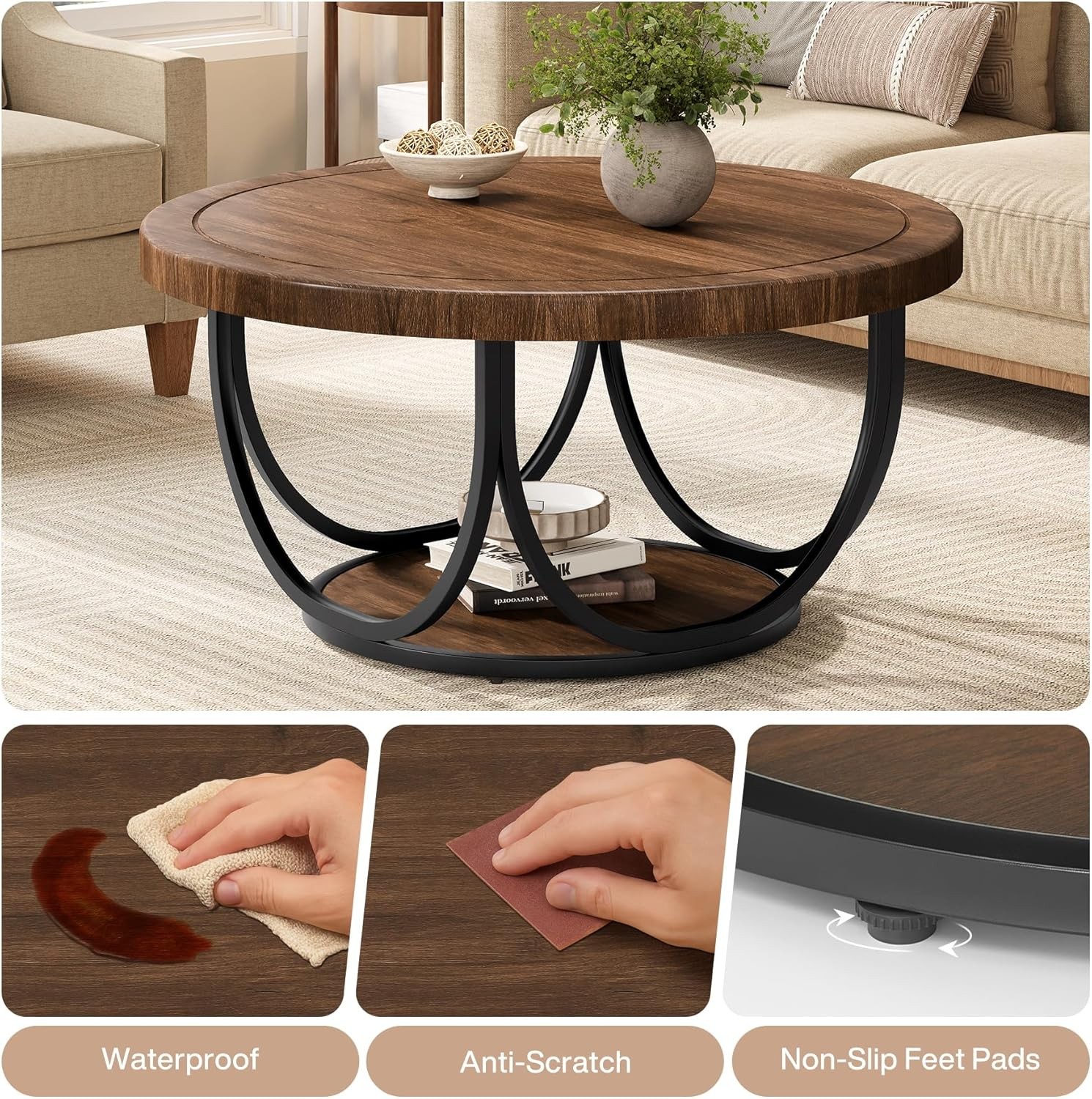 31.5” Round Coffee Table Wooden Circle Accent Cocktail Table with Storage Shelf