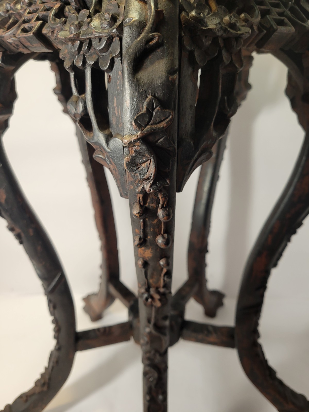 Dark Brown Wood Asian Carved Floral Hexagonal Pedestal Accent Table 14″ H