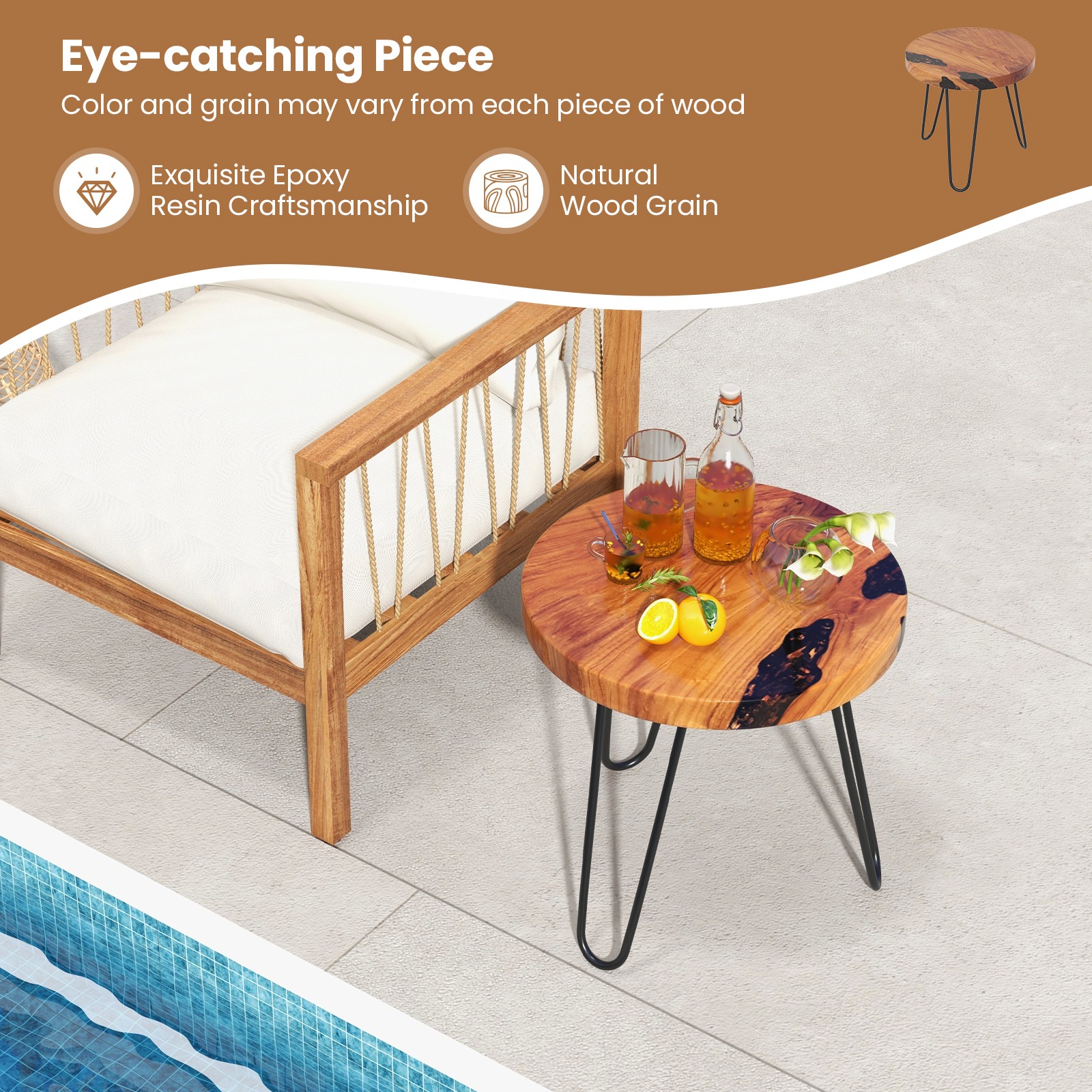 20″ Round Teak Wood End Table Solid Live Edge Outdoor Side Table w/Metal Frame