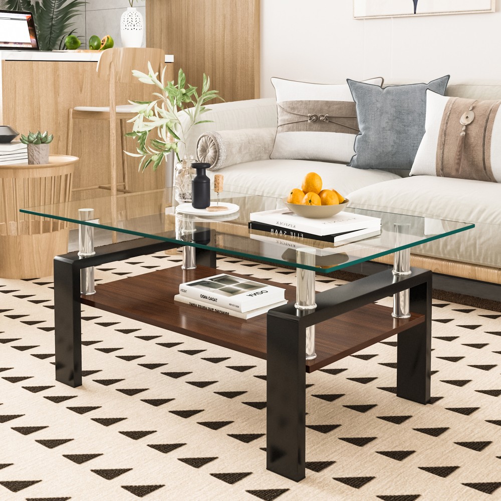 Rectangle Coffee Table, Tempered Glass & MDF Top, Modern Brown Living Room