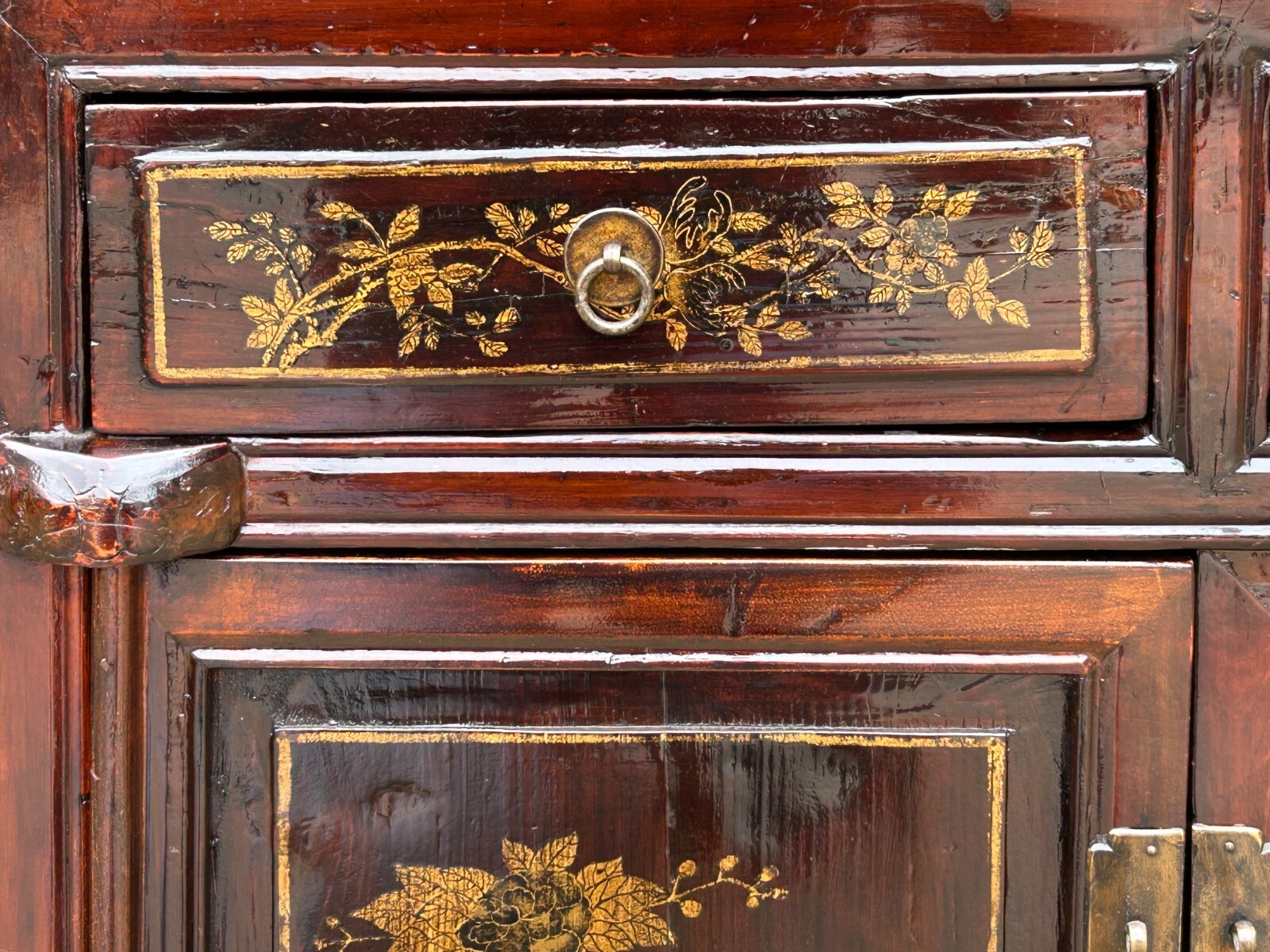 Vintage Chinese Floral Graphic Brown Drawers Table Credenza Cabinet cs7779