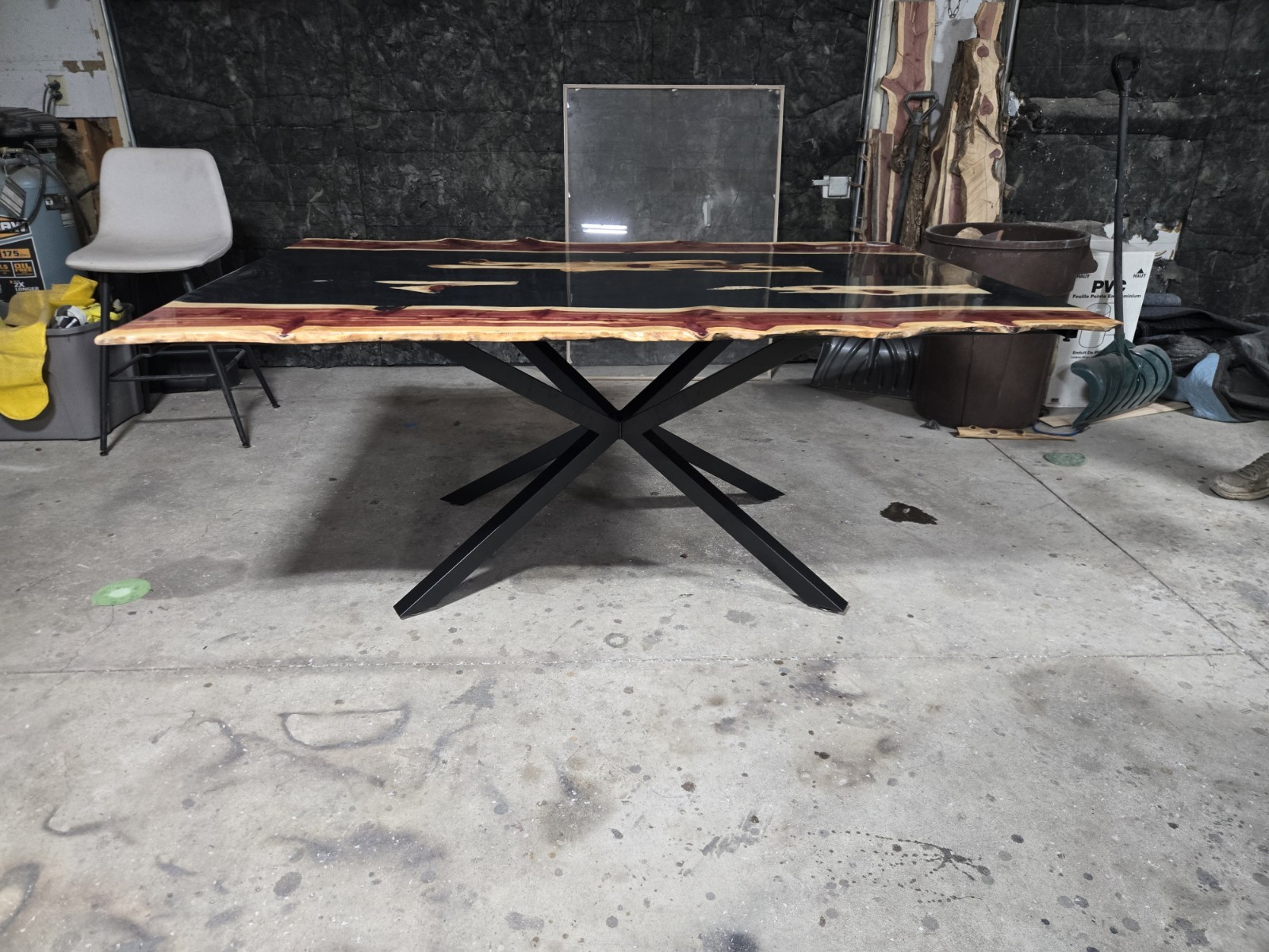 Kansas Cedar Live Edge Resin Rectangular Dining Table, Black/Brown Glossy Finish