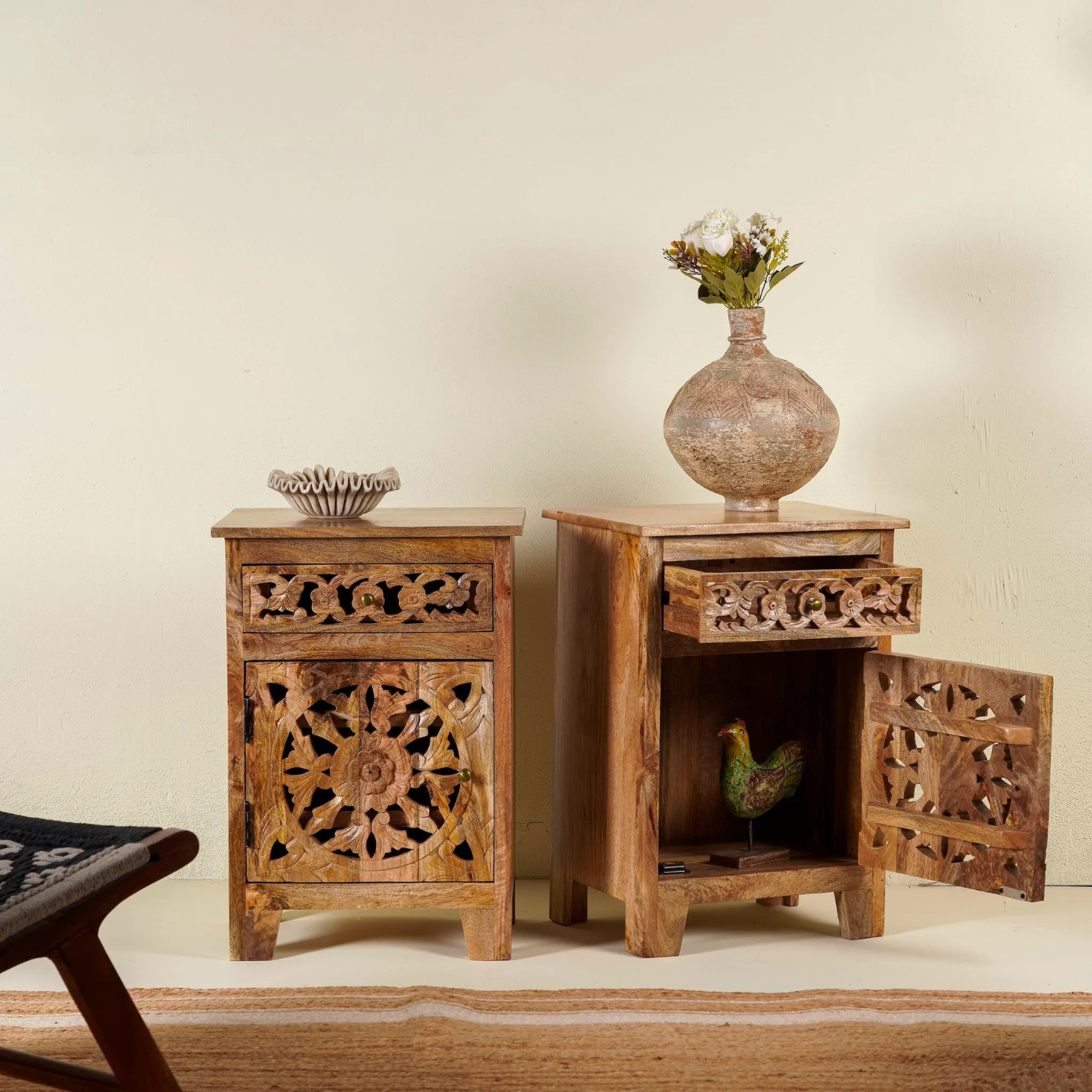 Artisan Handmade Bedside Table Solid Wood Hand Carved 17.7 × 13.8 × 25.6 inches