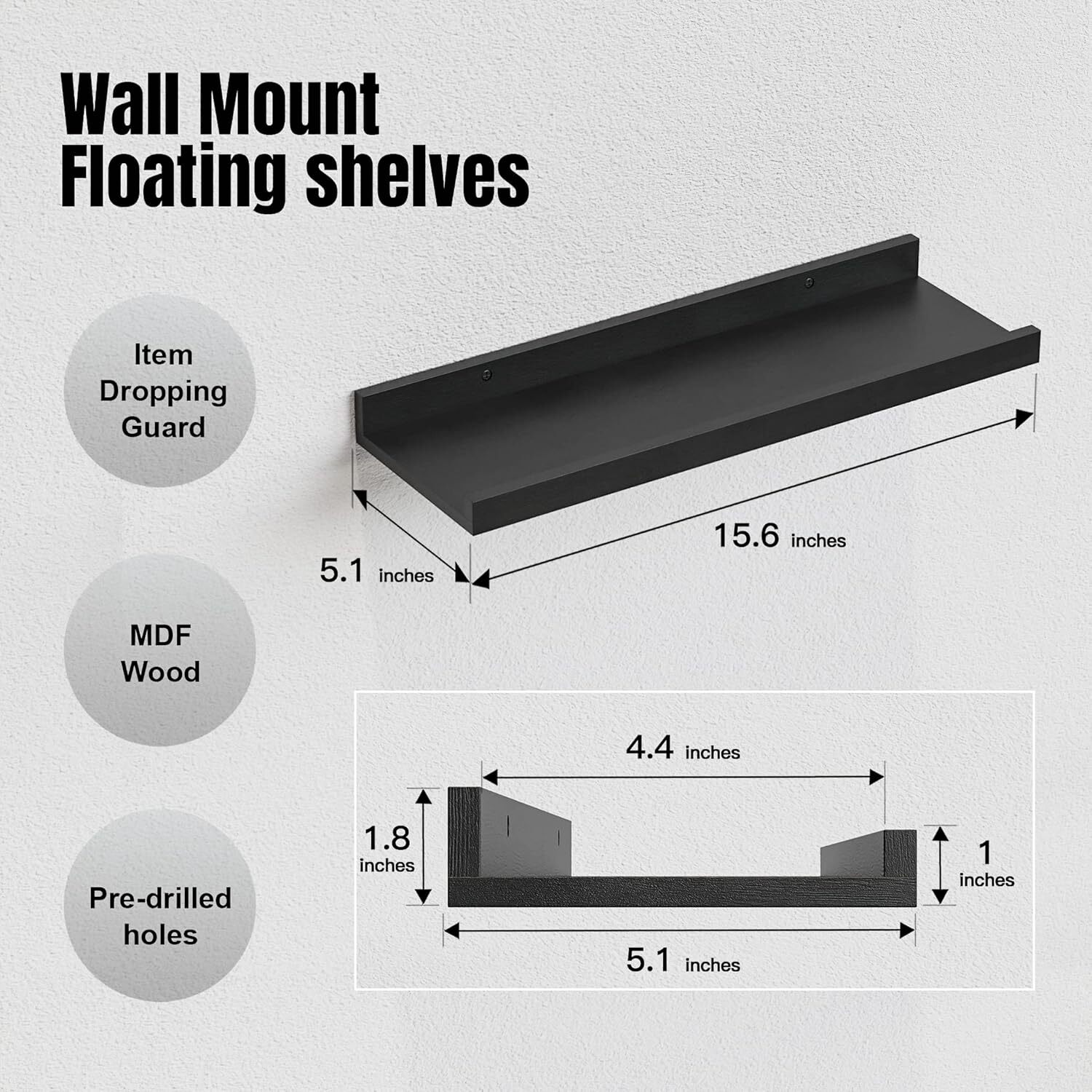 RICHER HOUSE 5 Set Floating Wall Mounted Shelves, Black 5pcs*15.75in,