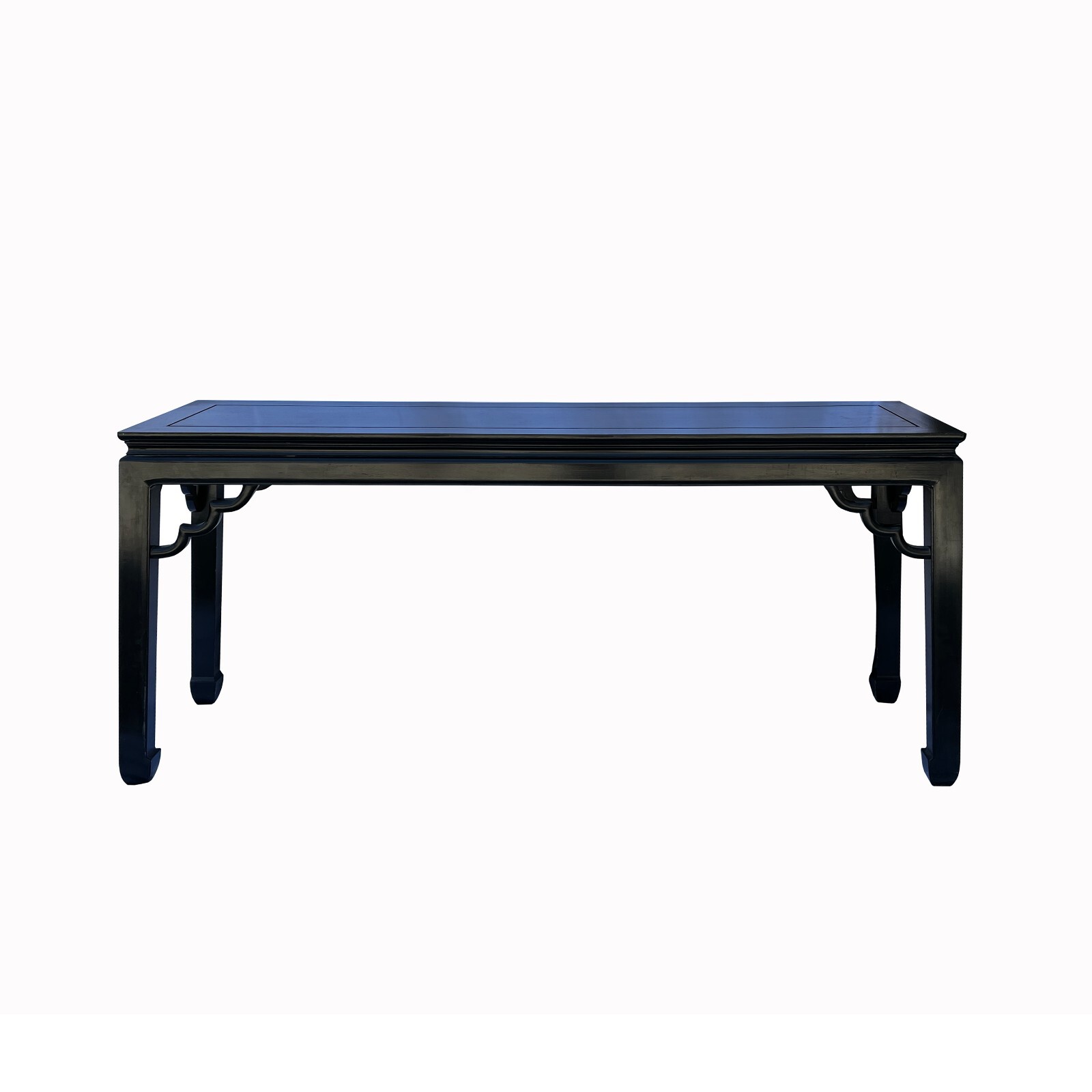Chinese Vintage Elm Wood Scroll Motif Apron Black Console Altar Table cs7581