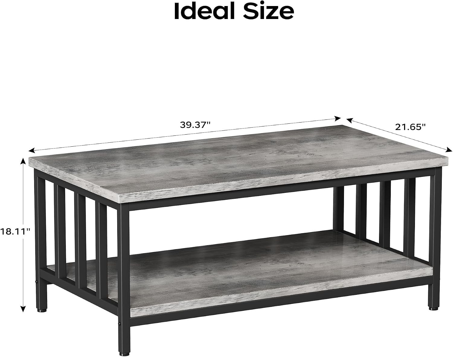 Homeiju Coffee Table 39in Modern Farmhouse Grey Wash 2 Tier Storage Shelf