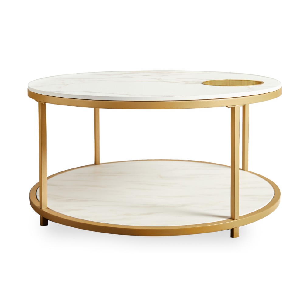 White and gold round coffee table 34.64 in living room coffee table
