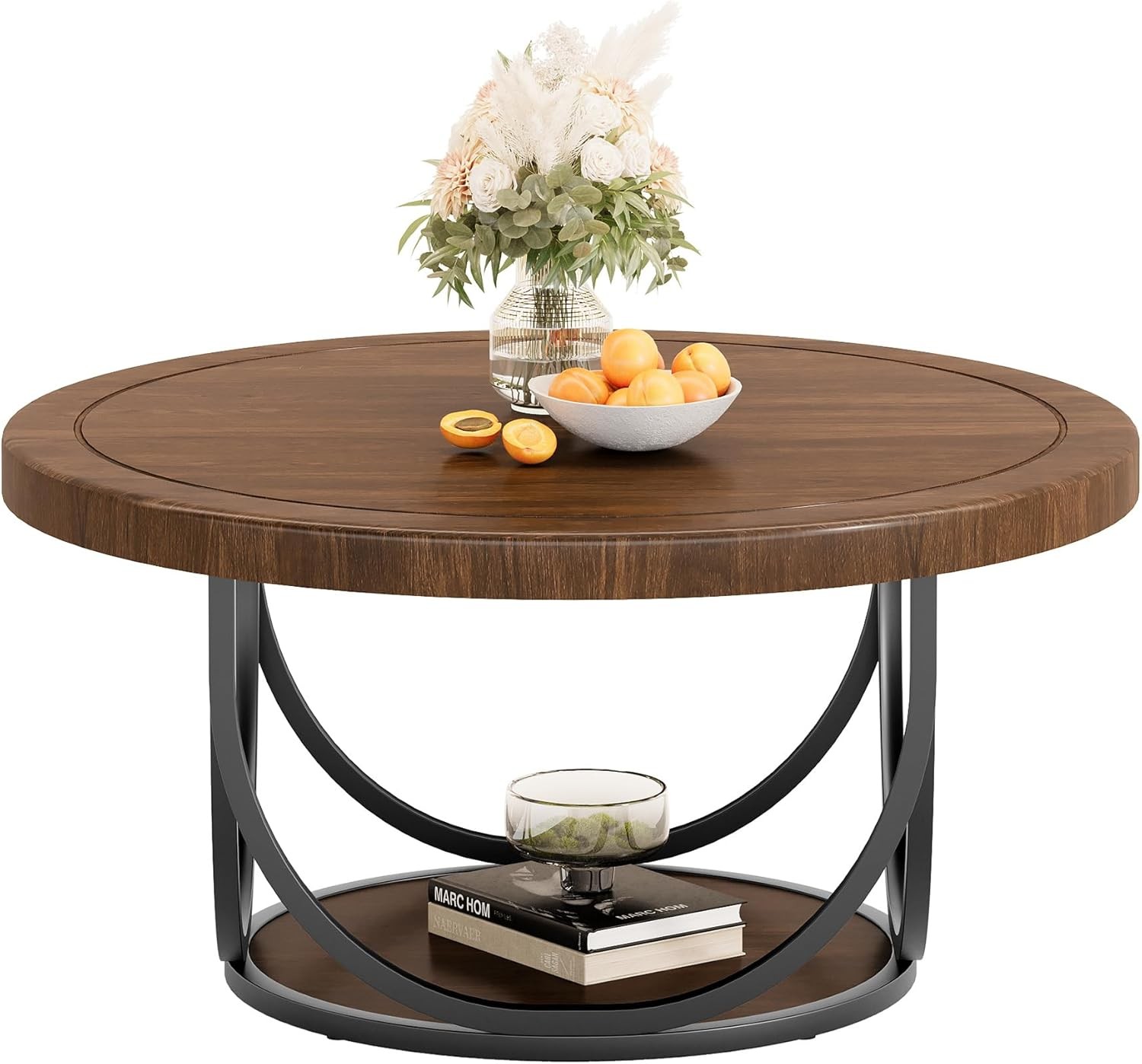 31.5” Round Coffee Table Wooden Circle Accent Cocktail Table with Storage Shelf