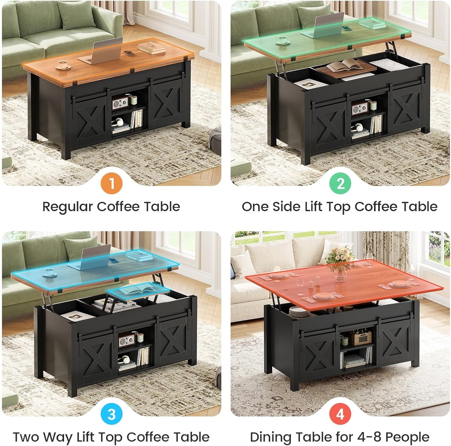 Farmhouse Lift Top Coffee Table, 4 in 1 Convertible Coffee Table with Storage