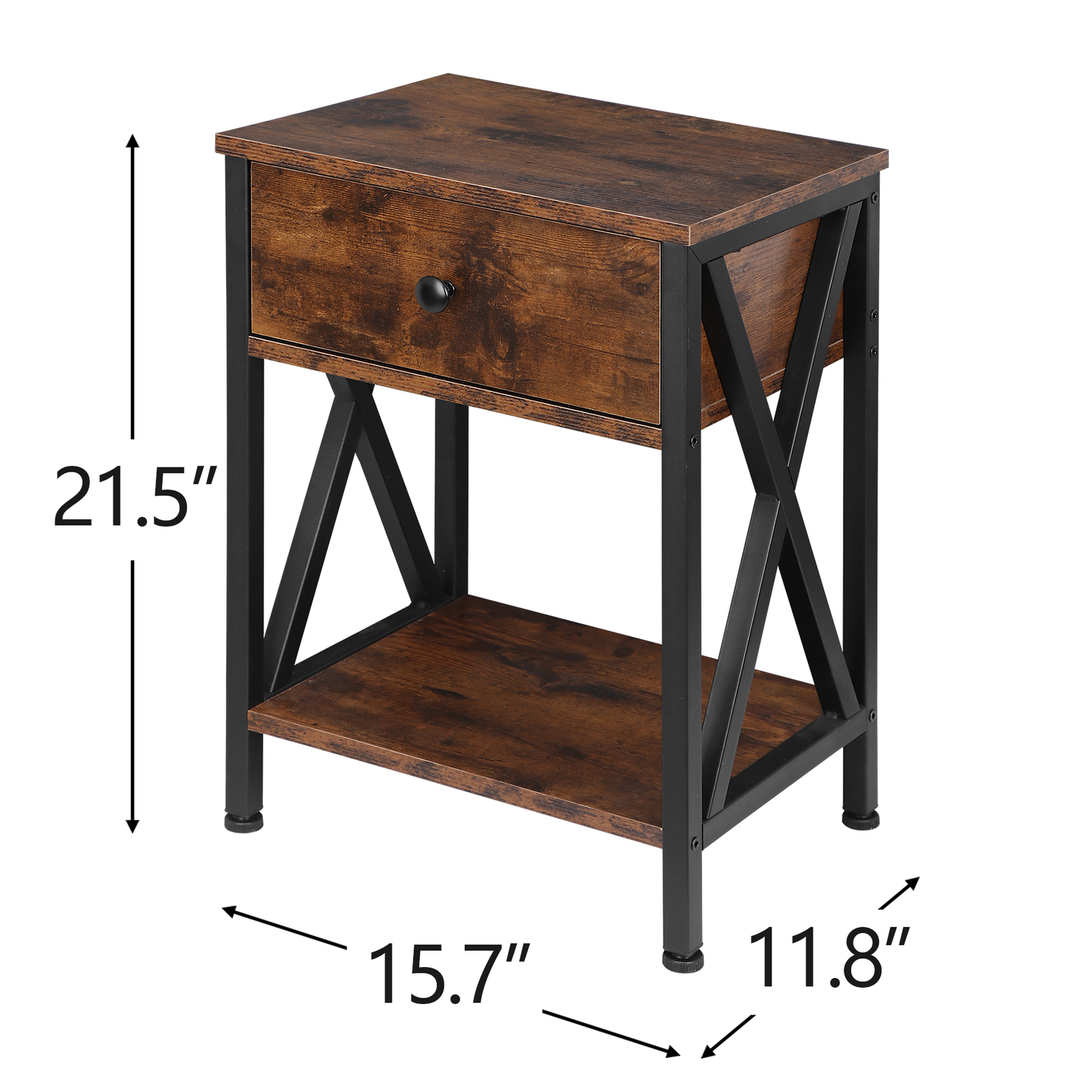 2 Pieces Home End Table Storage Display Metal Frame MDF Top with Drawer, Brown