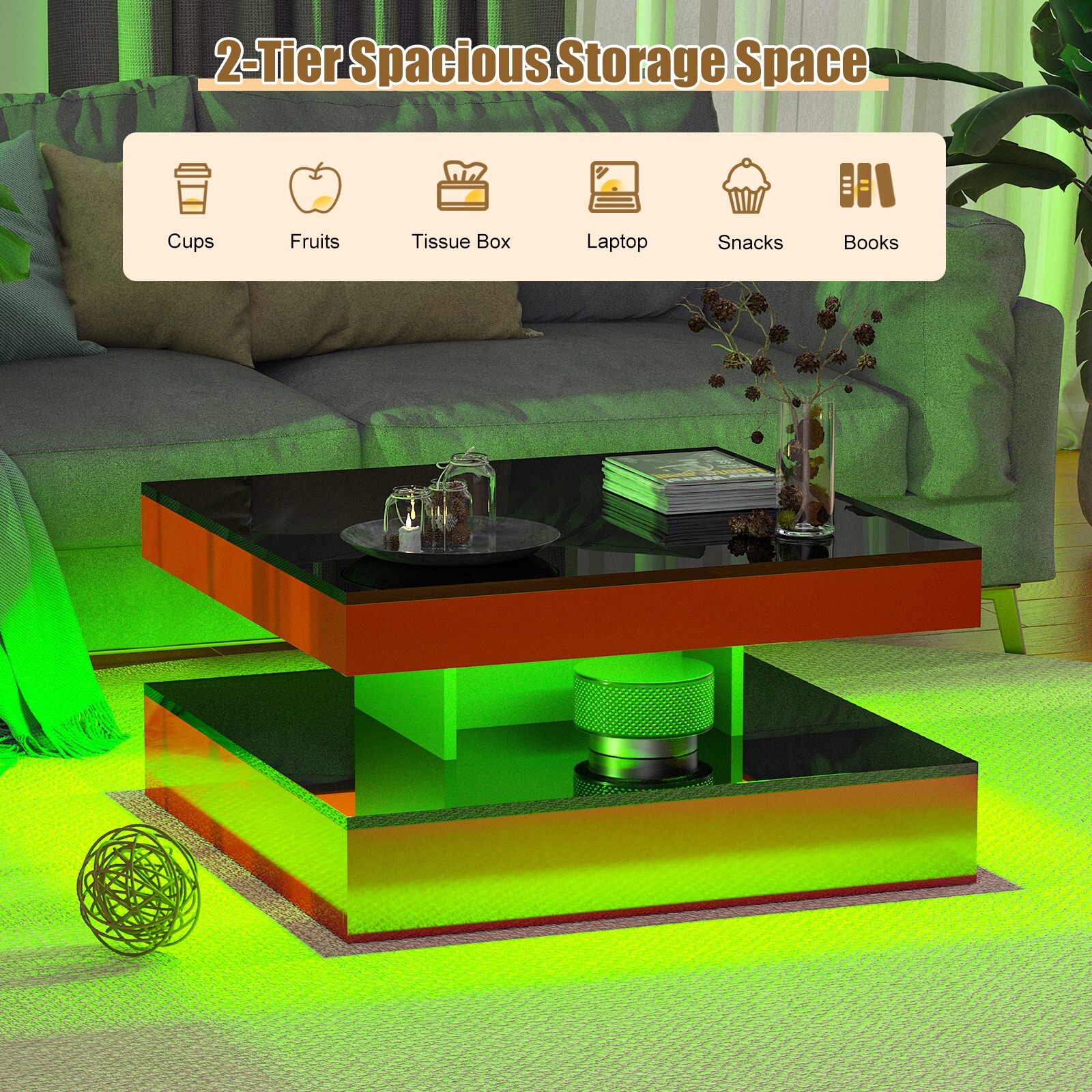 Red LED Coffee Table for Living Room 2-Tier Square Center Table Modern High Glos