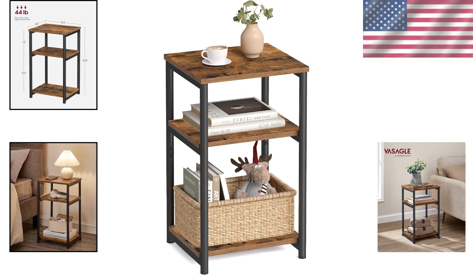 Compact 3-Shelf Side Table – Versatile Rustic Brown & Black Finish for Any Room